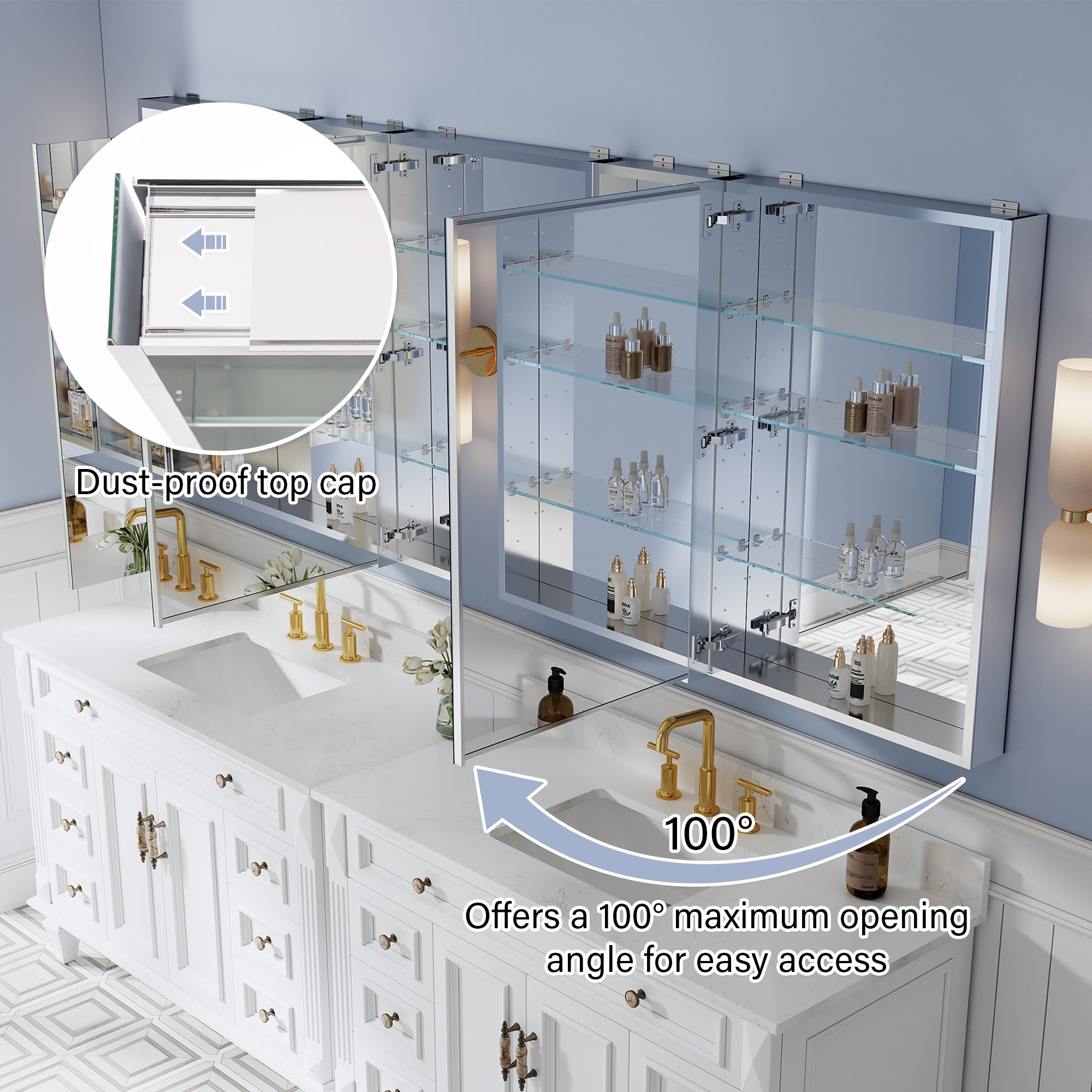 96 in. ×36 in. Aluminum Bathroom Medicine Cabinet and Open Shelf Set, Recessed or Surface Mount