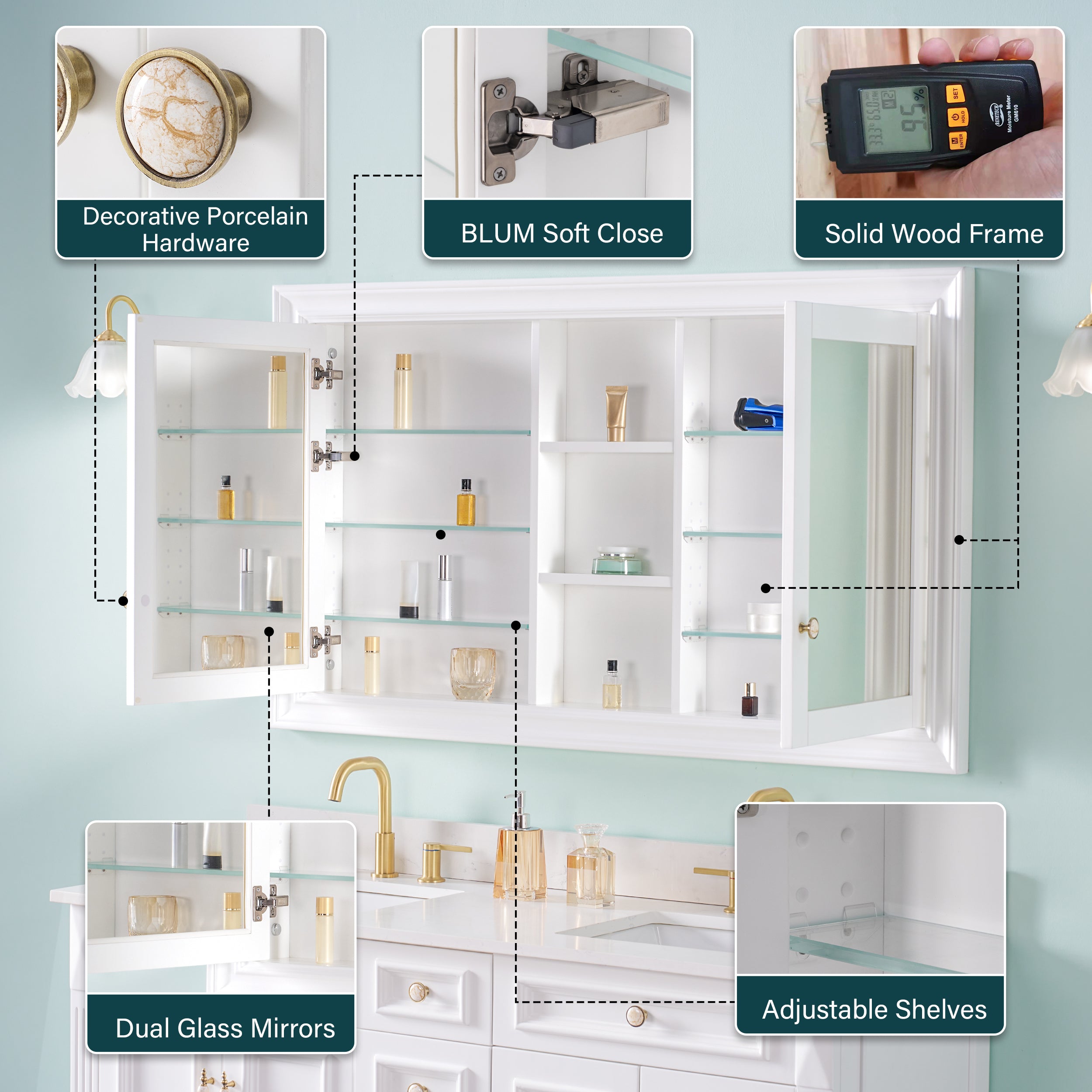 55 in.W x 32 in.H Recessed Bathroom Medicine Cabinet with Mirror in White
