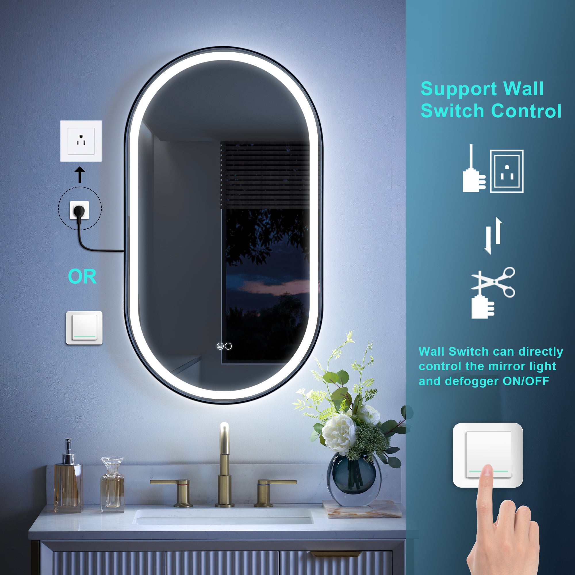 20 in. W x 36 in. H Oval LED Framed Mirror, Anti-Fog, Dimmable in Matte Black