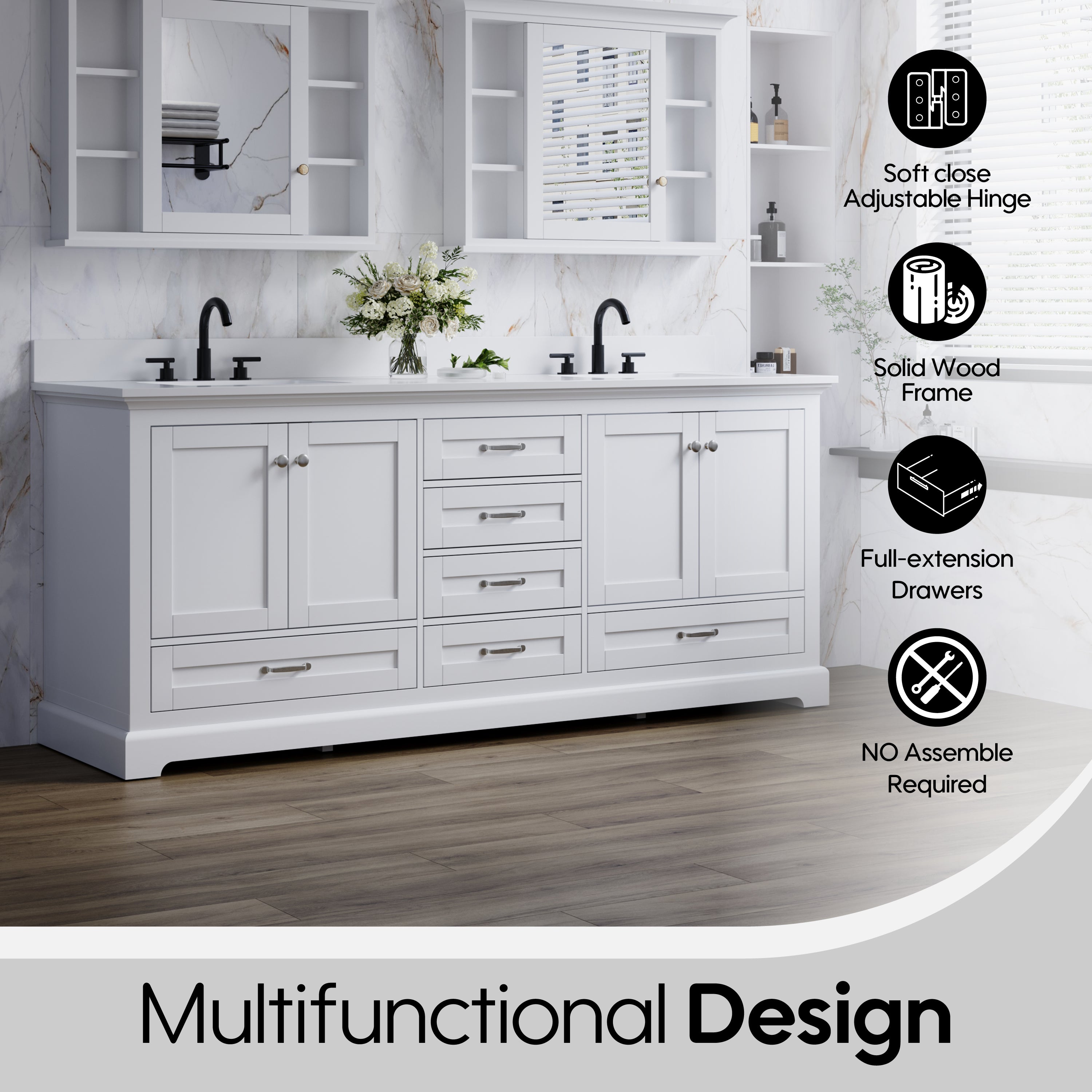 80" White Double Sink Bathroom Vanity with Solid Wood Frame, Soft Close 6 Drawers, White Cultured Marble Countertop