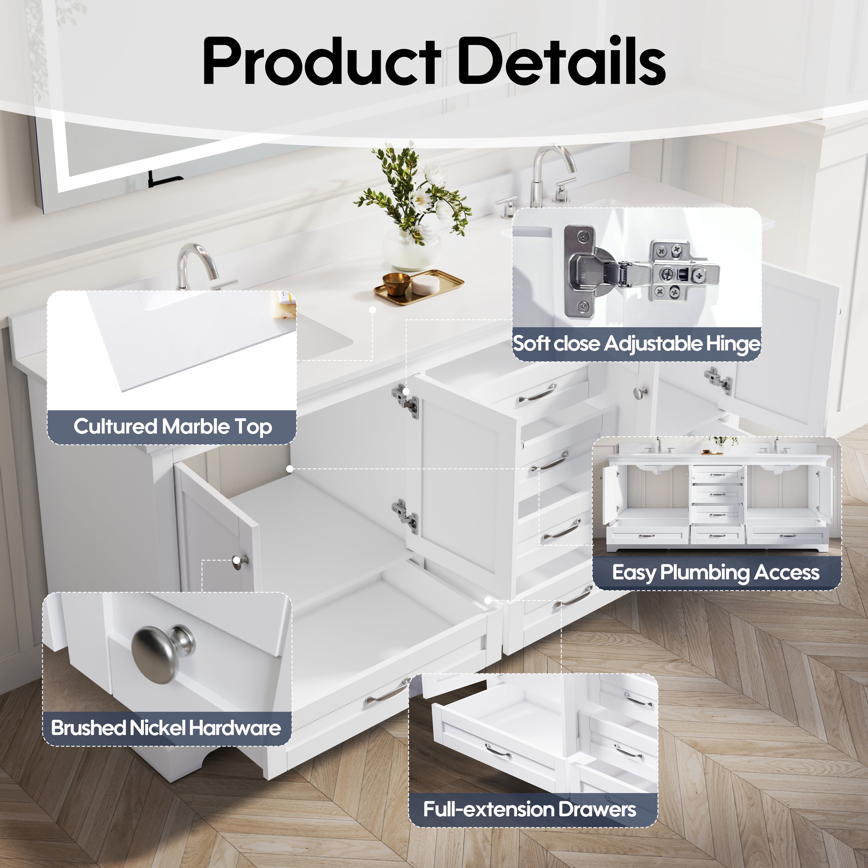 80" White Double Sinks Bathroom Vanity with Solid Wood Frame, Soft Close 6 Drawers, Pure White Cultured Marble Countertop