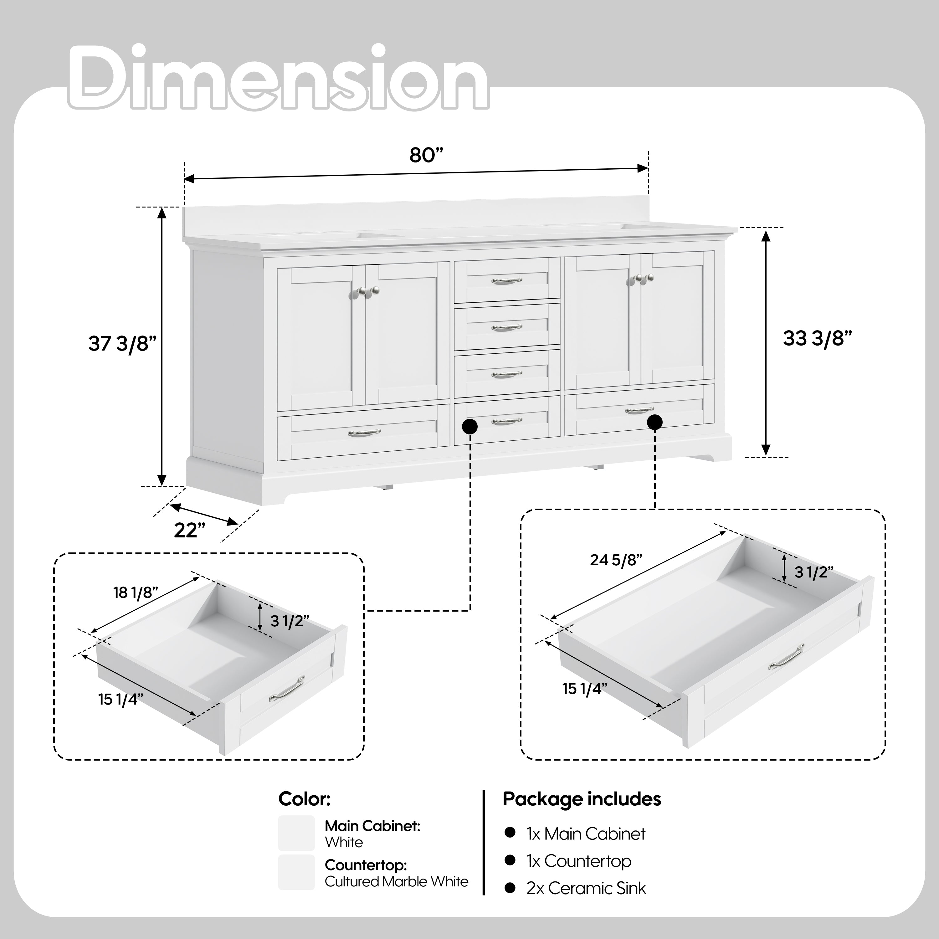 80" White Double Sinks Bathroom Vanity with Solid Wood Frame, Soft Close 6 Drawers, Pure White Cultured Marble Countertop