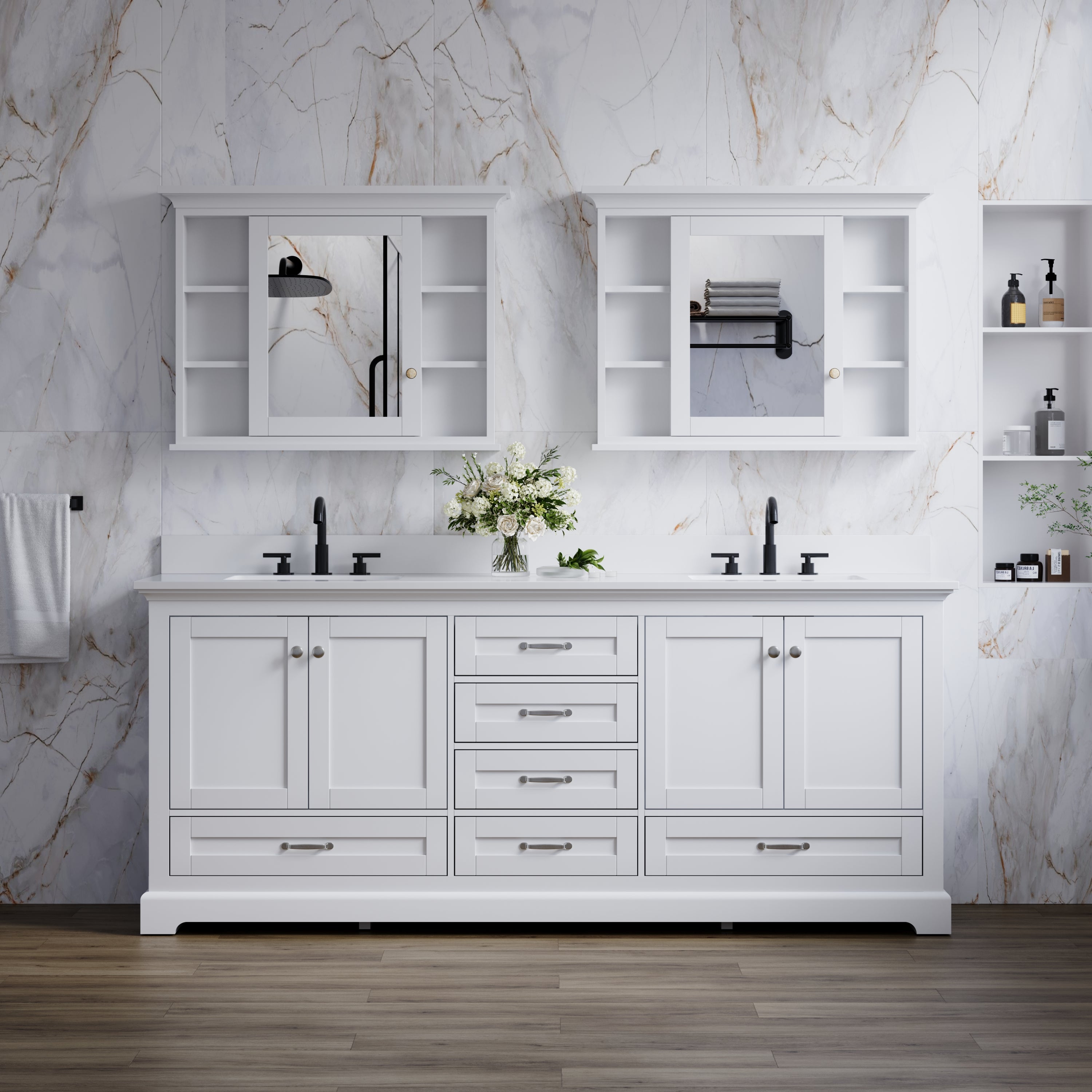 80" White Double Sink Bathroom Vanity with Solid Wood Frame, Soft Close 6 Drawers, White Cultured Marble Countertop