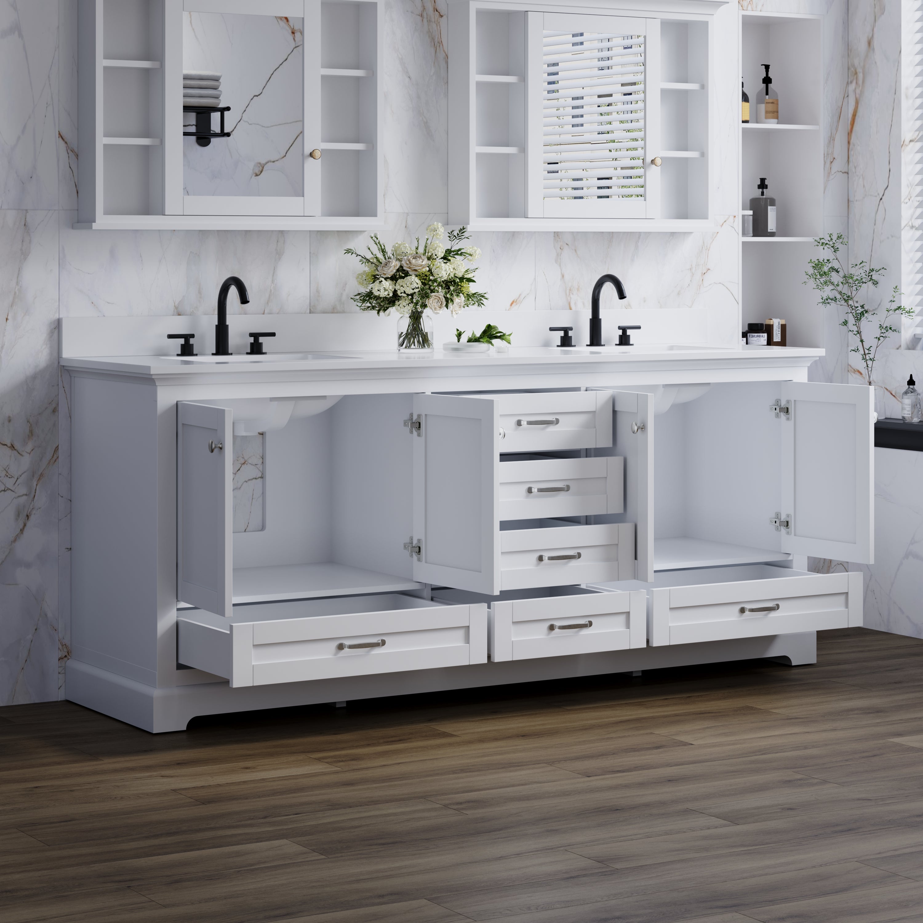 80" White Double Sink Bathroom Vanity with Solid Wood Frame, Soft Close 6 Drawers, White Cultured Marble Countertop