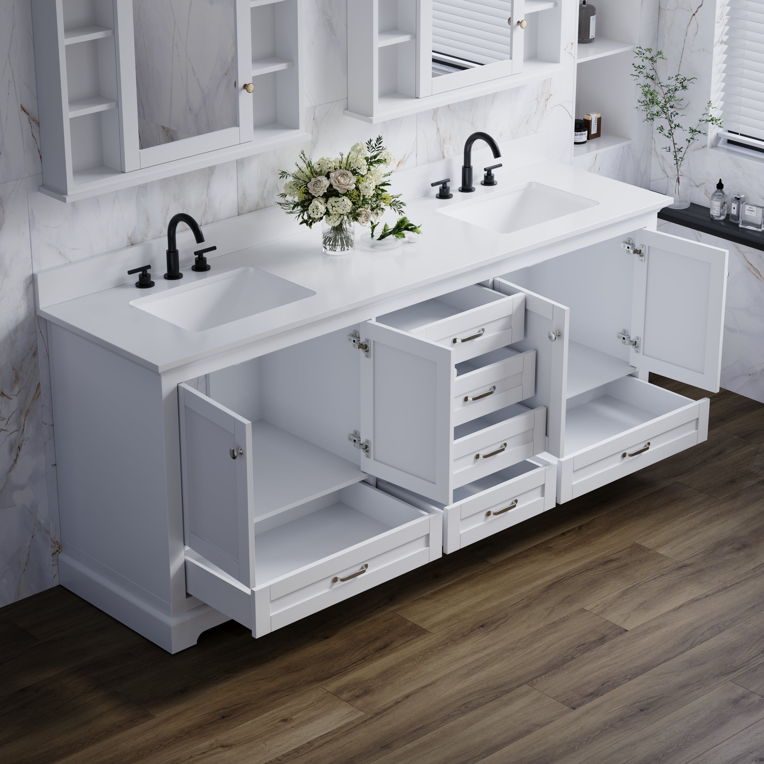 80" White Double Sink Bathroom Vanity with Solid Wood Frame, Soft Close 6 Drawers, White Cultured Marble Countertop