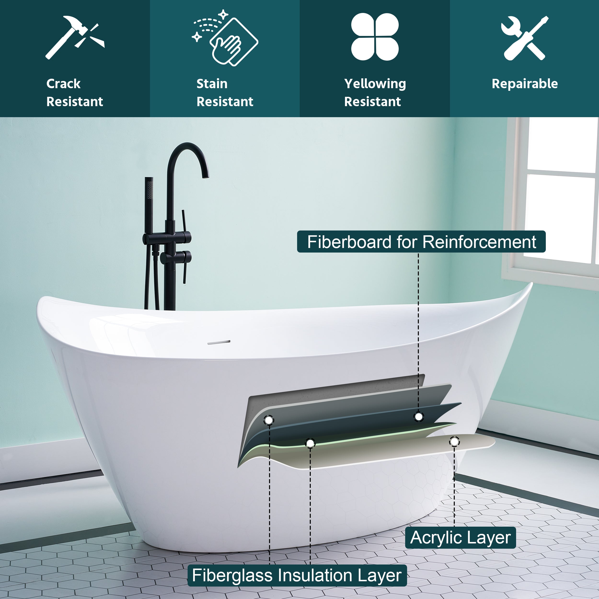 70" Freestanding Glossy White Acrylic Bathtub with Overflow and Drain