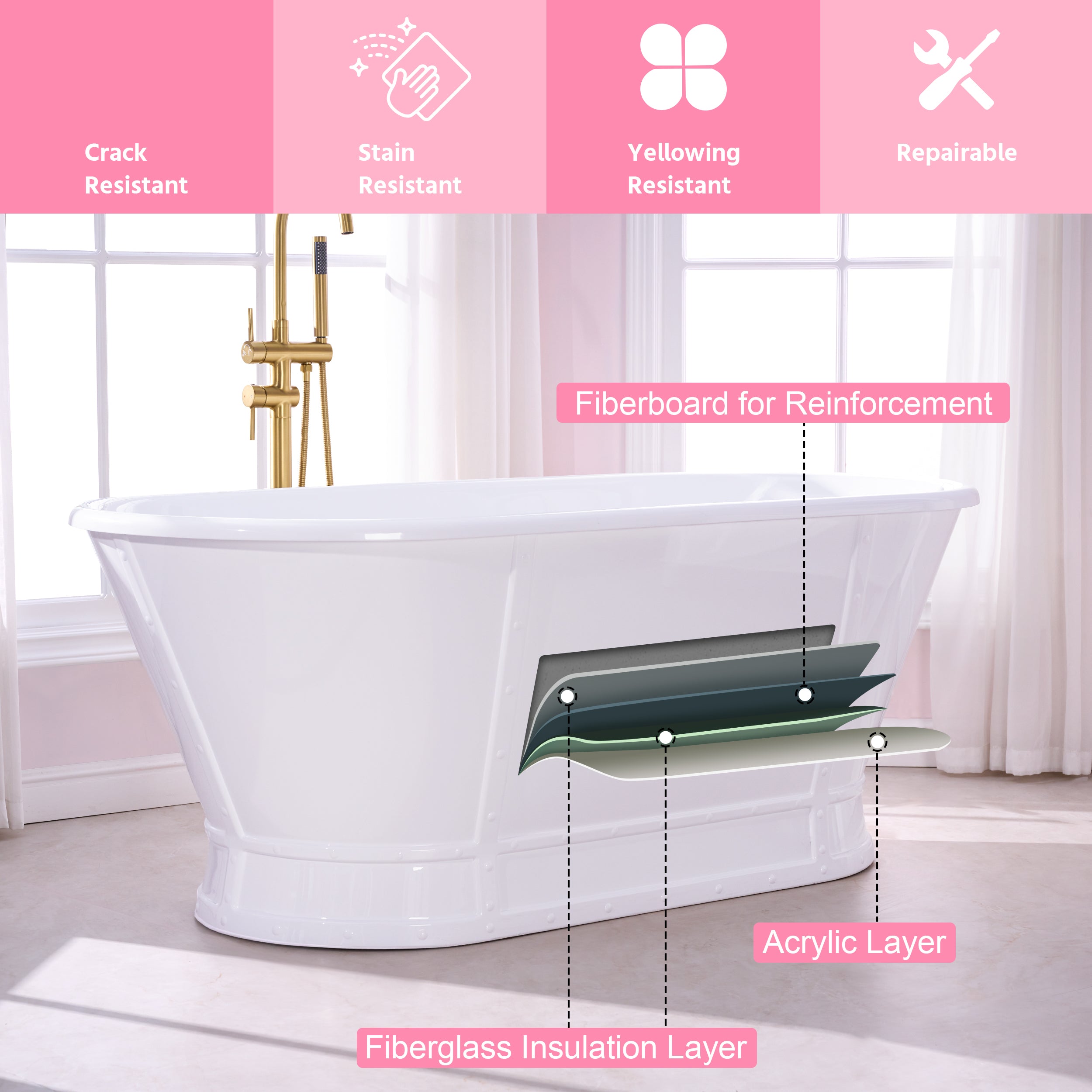 66" Freestanding Glossy White Acrylic Bathtub with Integrated Overflow