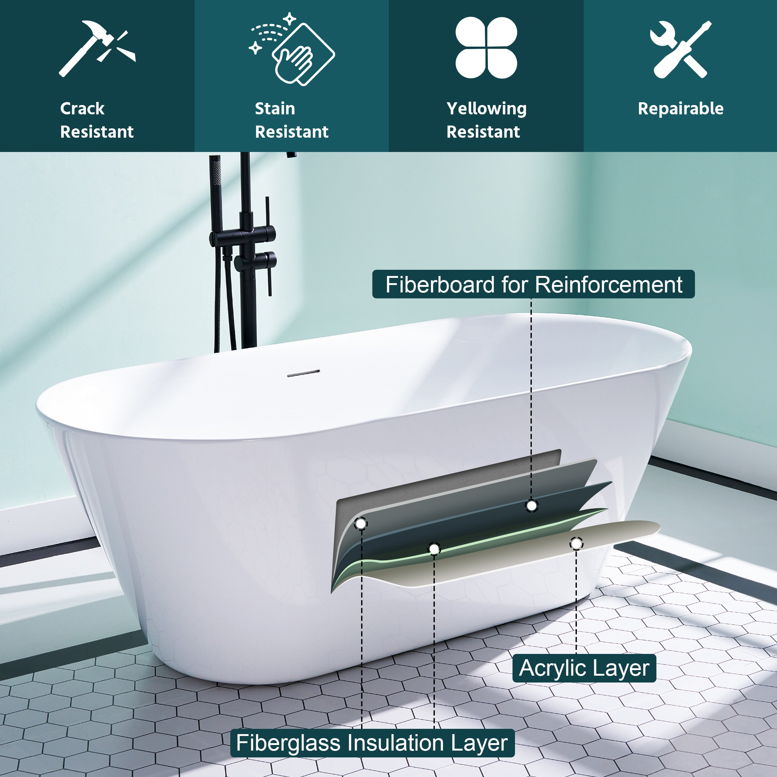 66" Freestanding Glossy White Acrylic Bathtub with Slotted Overflow