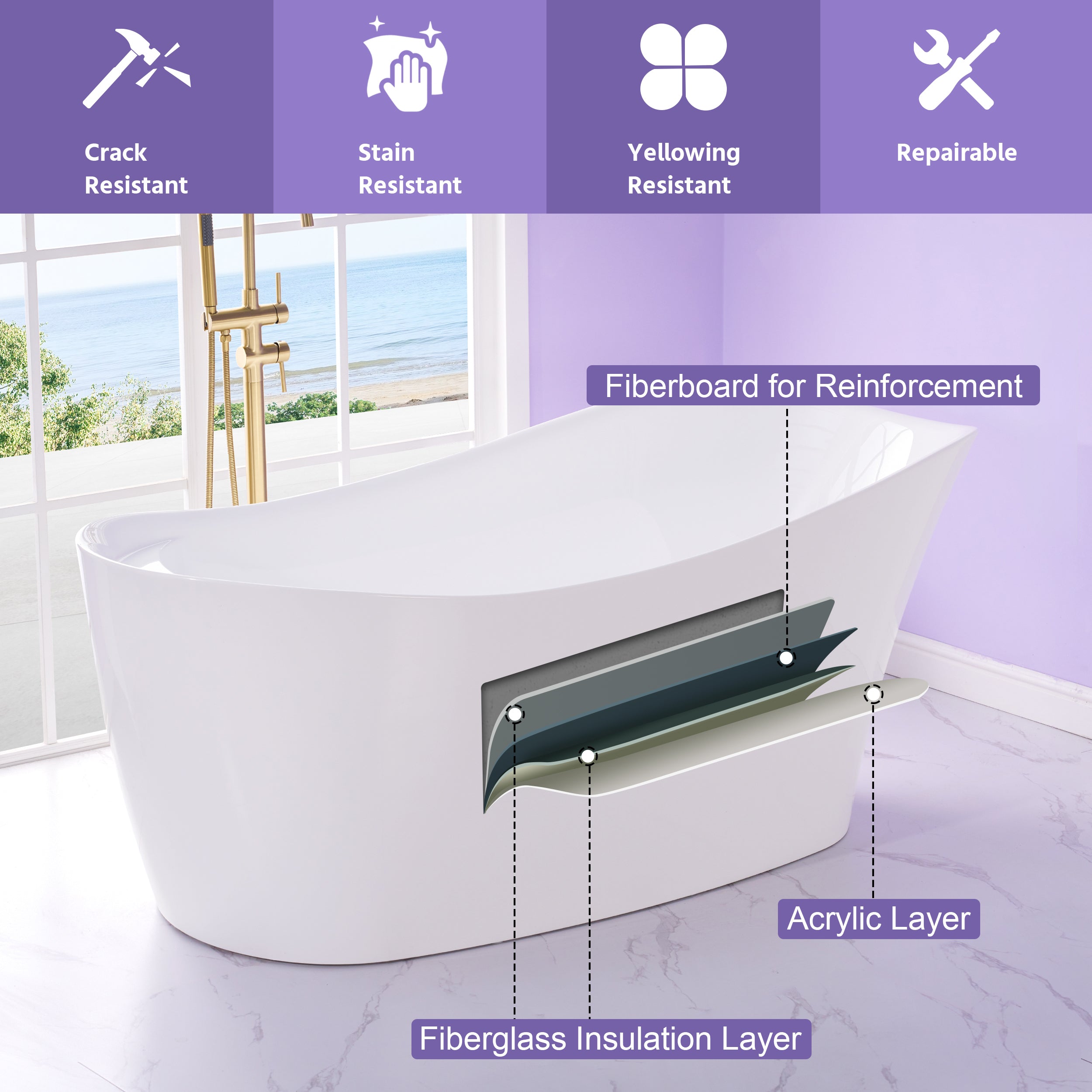 69" Freestanding Glossy White Acrylic Bathtub with Slotted Overflow and Drainer