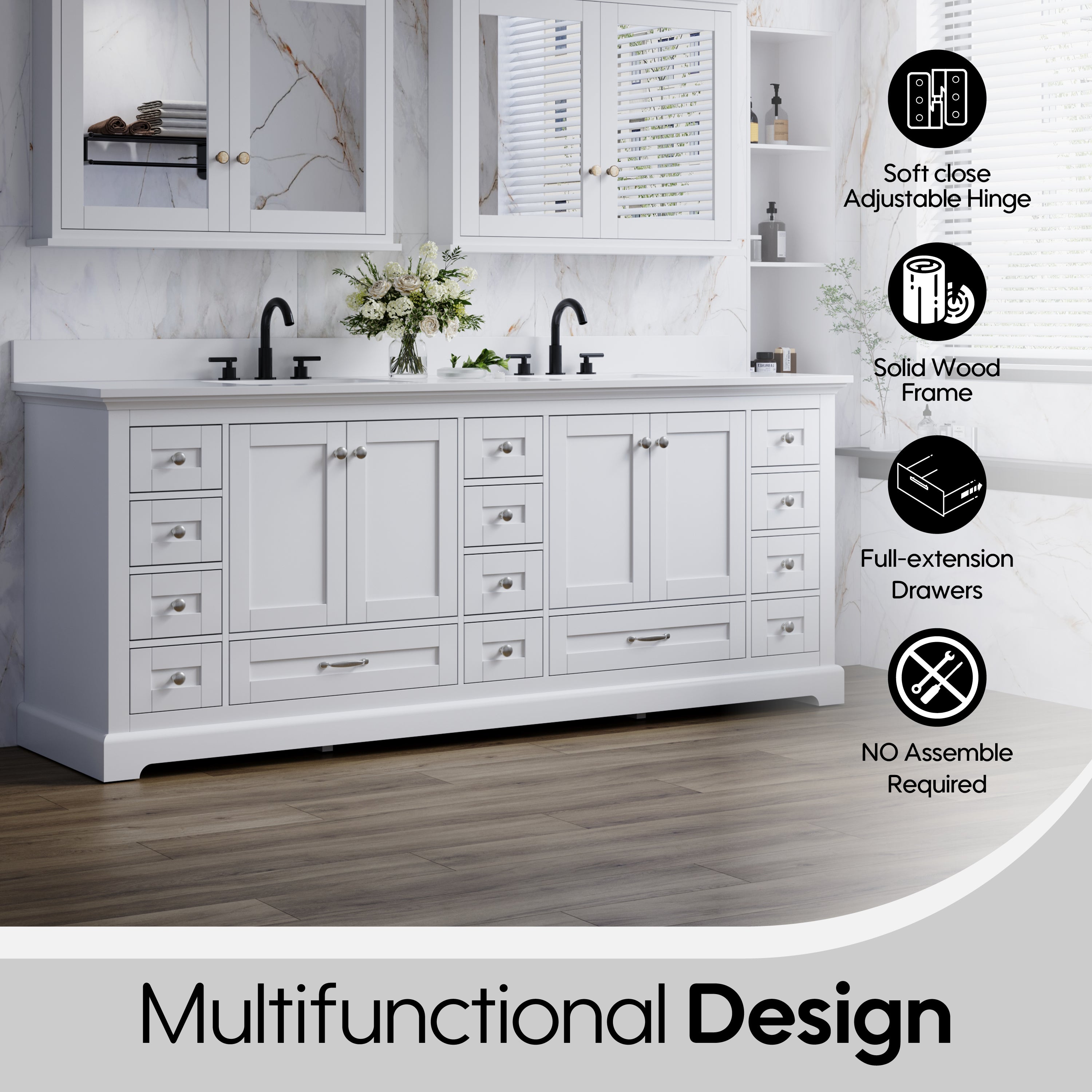 84" White Double Sink Bathroom Vanity with Solid Wood Frame, Soft Close 14 Drawers & White Cultured Marble Countertop