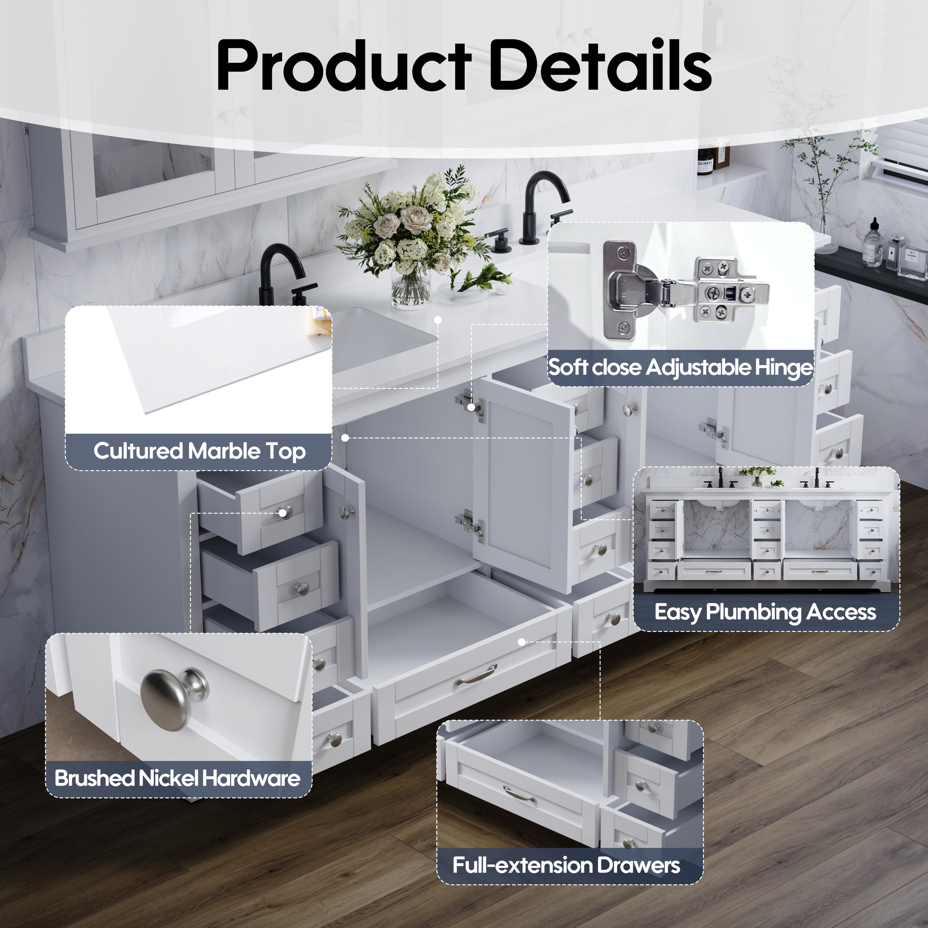 84" White Double Sink Bathroom Vanity with Solid Wood Frame, Soft Close 14 Drawers & White Cultured Marble Countertop