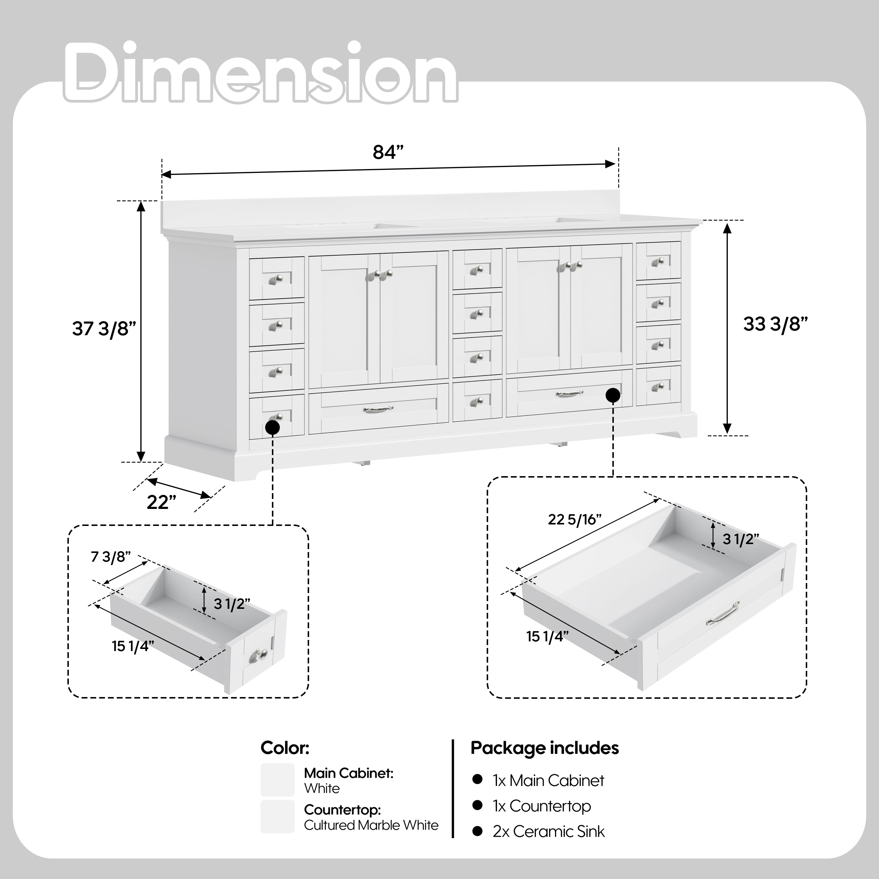 84" White Double Sink Bathroom Vanity with Solid Wood Frame, Soft Close 14 Drawers & White Cultured Marble Countertop