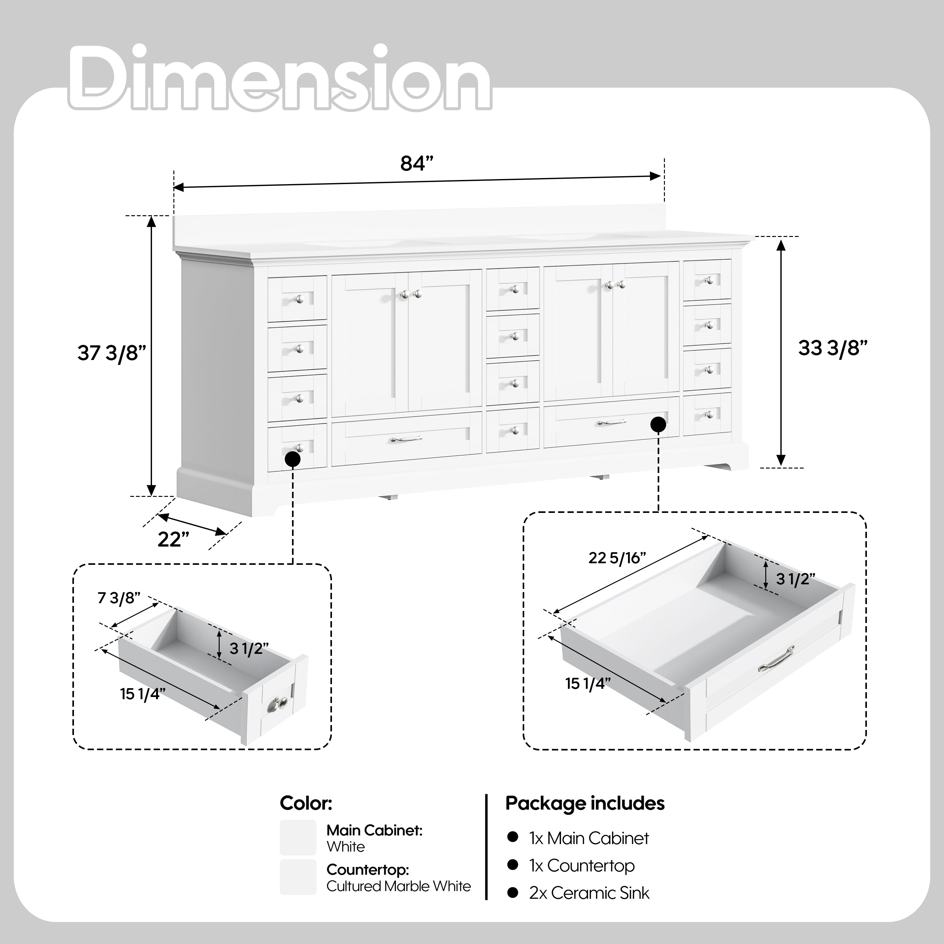 84" White Double Sinks Bathroom Vanity with Solid Wood Frame, Soft Close 14 Drawers & Pure White Cultured Marble Countertop