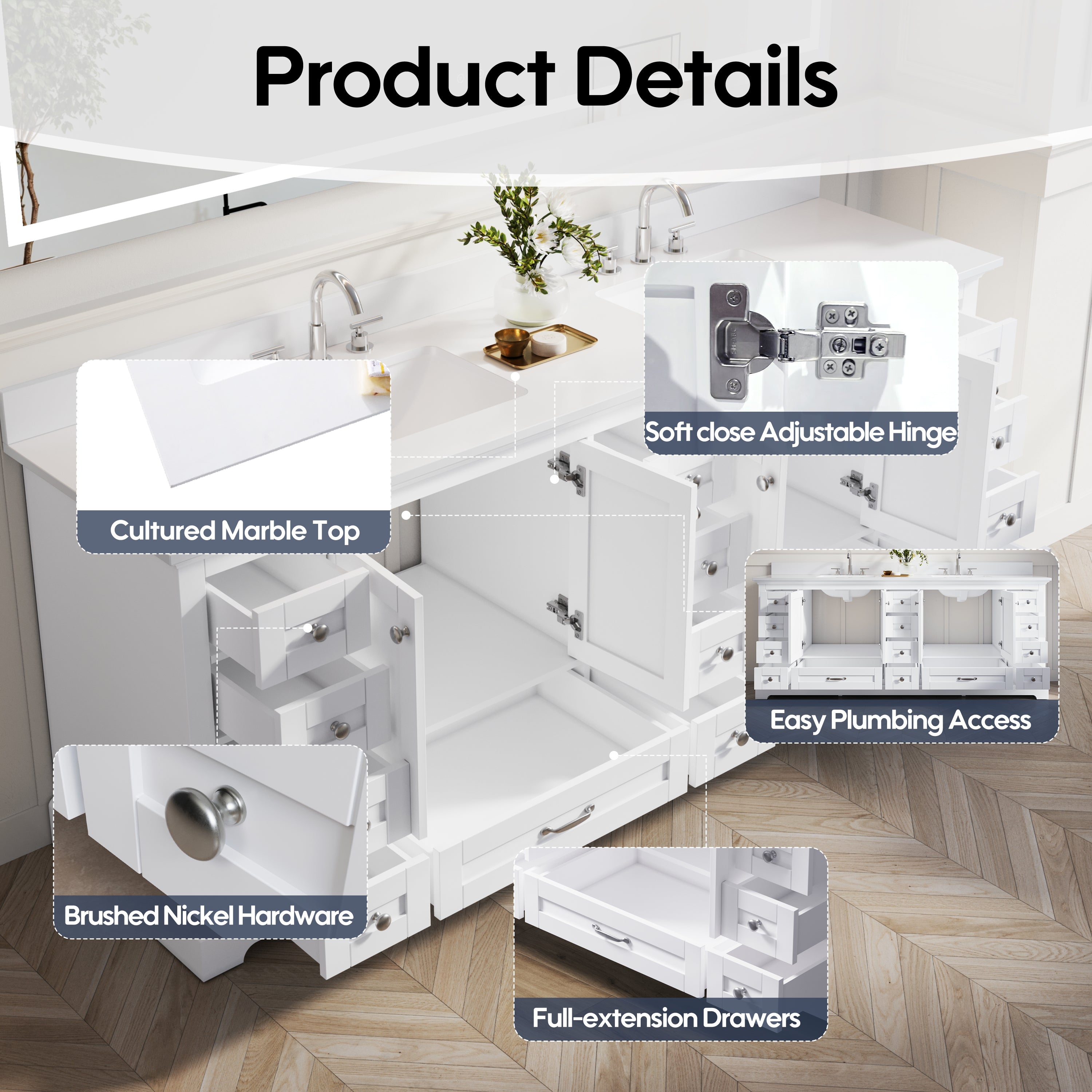 84" White Double Sinks Bathroom Vanity with Solid Wood Frame, Soft Close 14 Drawers & Pure White Cultured Marble Countertop