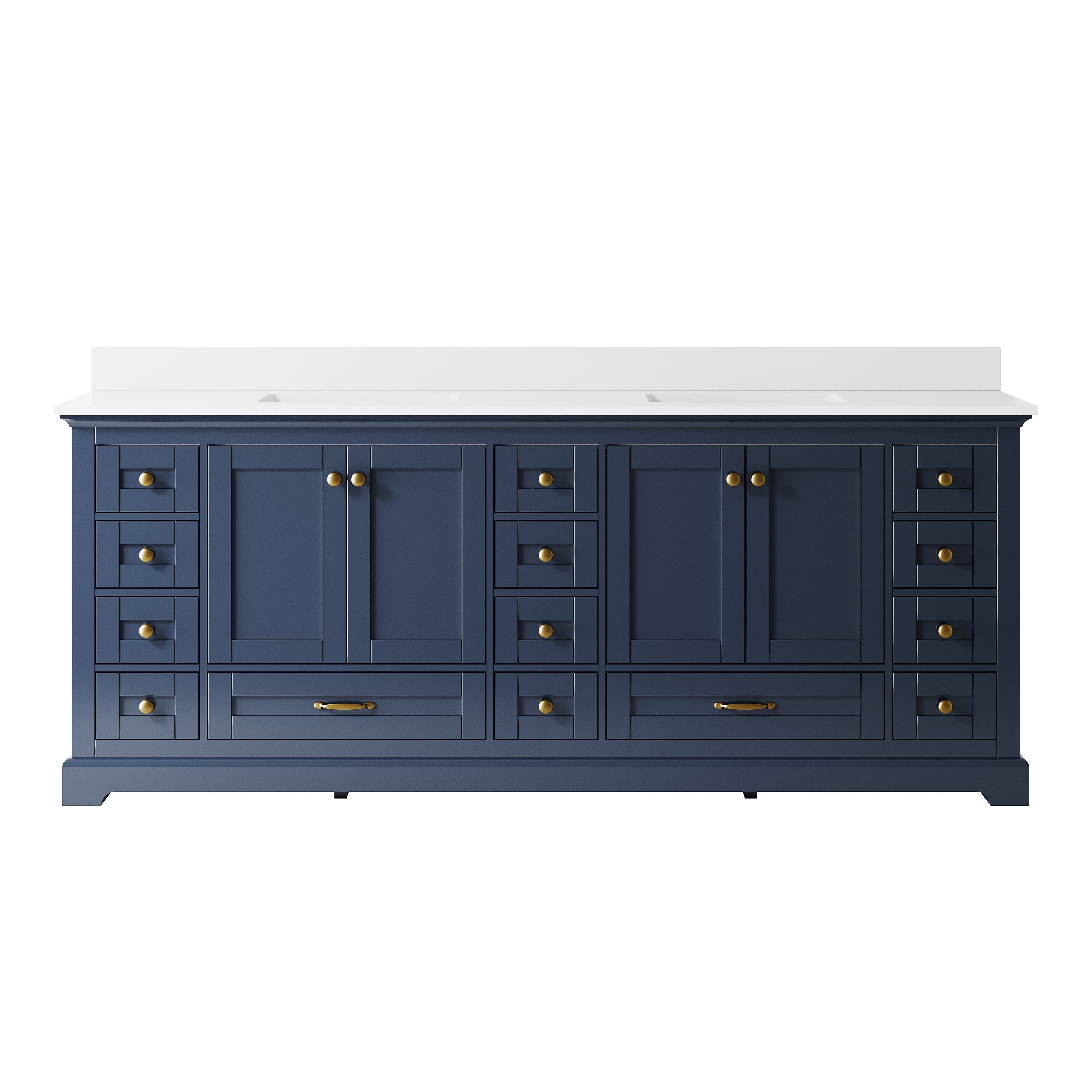 84" Double Sinks Navy Blue Bathroom Vanity with Solid Wood Frame, Soft Close 14 Drawers & Pure White Cultured Marble Countertop