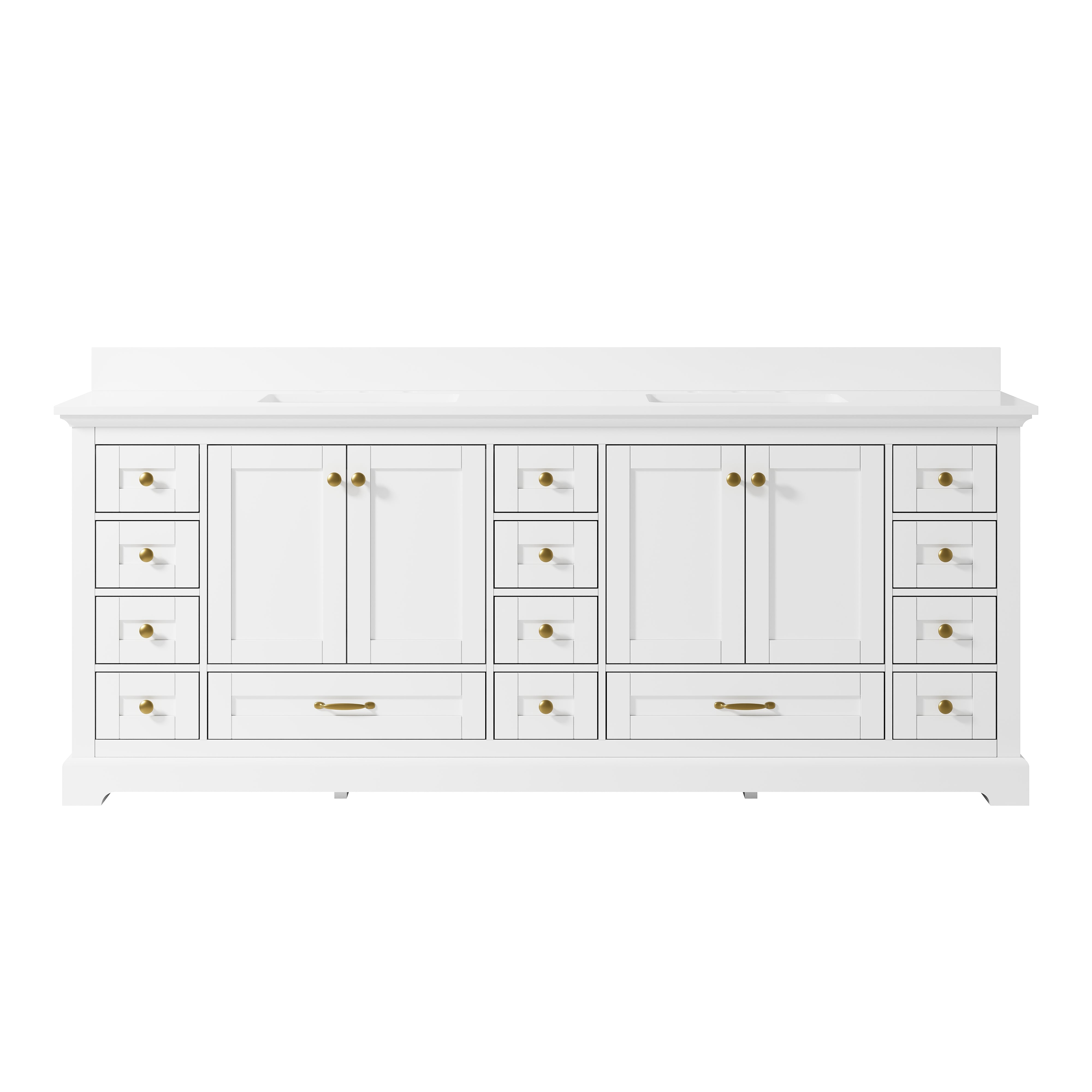 84" Double Sinks White Bathroom Vanity with Solid Wood Frame, Soft Close 14 Drawers & Pure White Cultured Marble Countertop