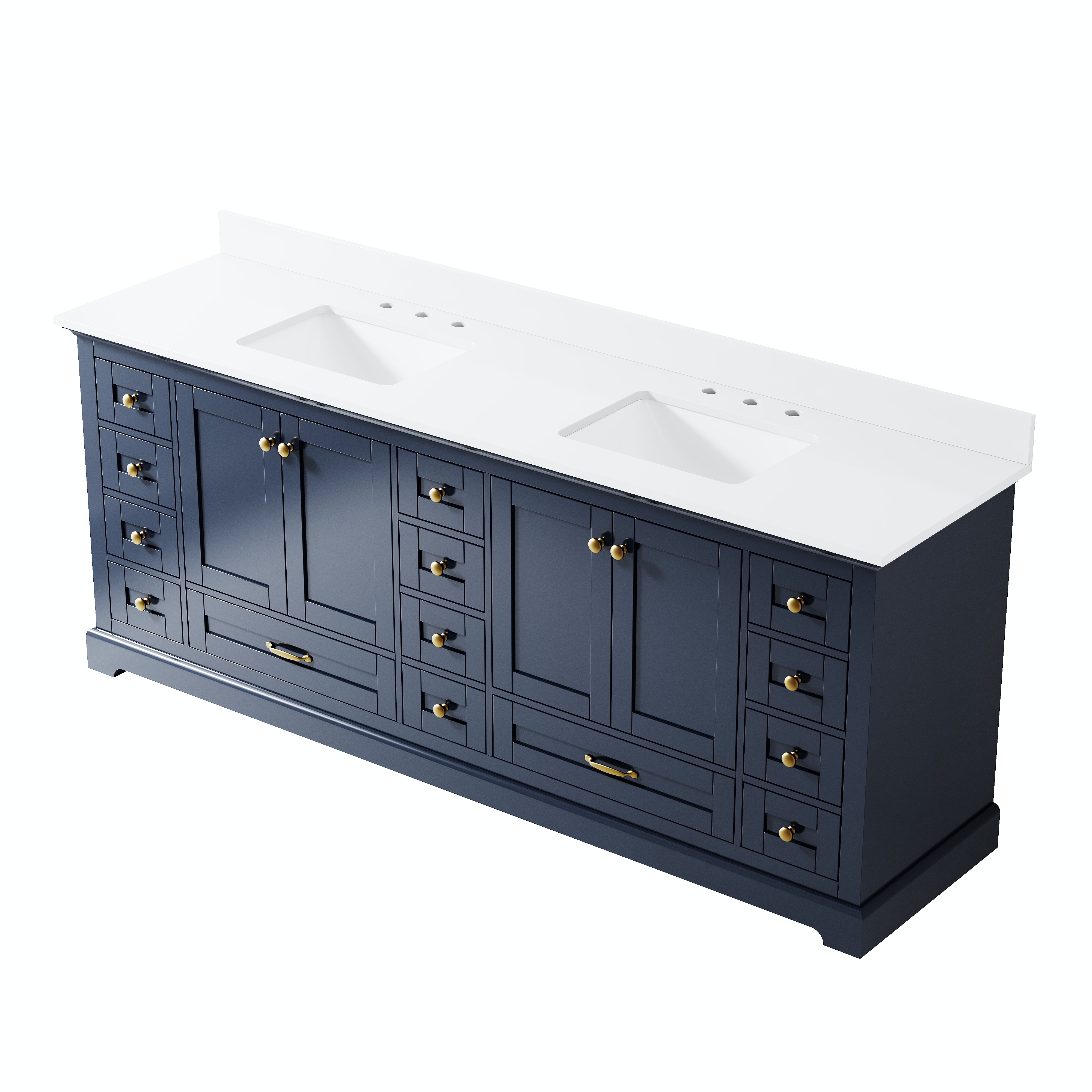 84" Double Sinks Navy Blue Bathroom Vanity with Solid Wood Frame, Soft Close 14 Drawers & Pure White Cultured Marble Countertop