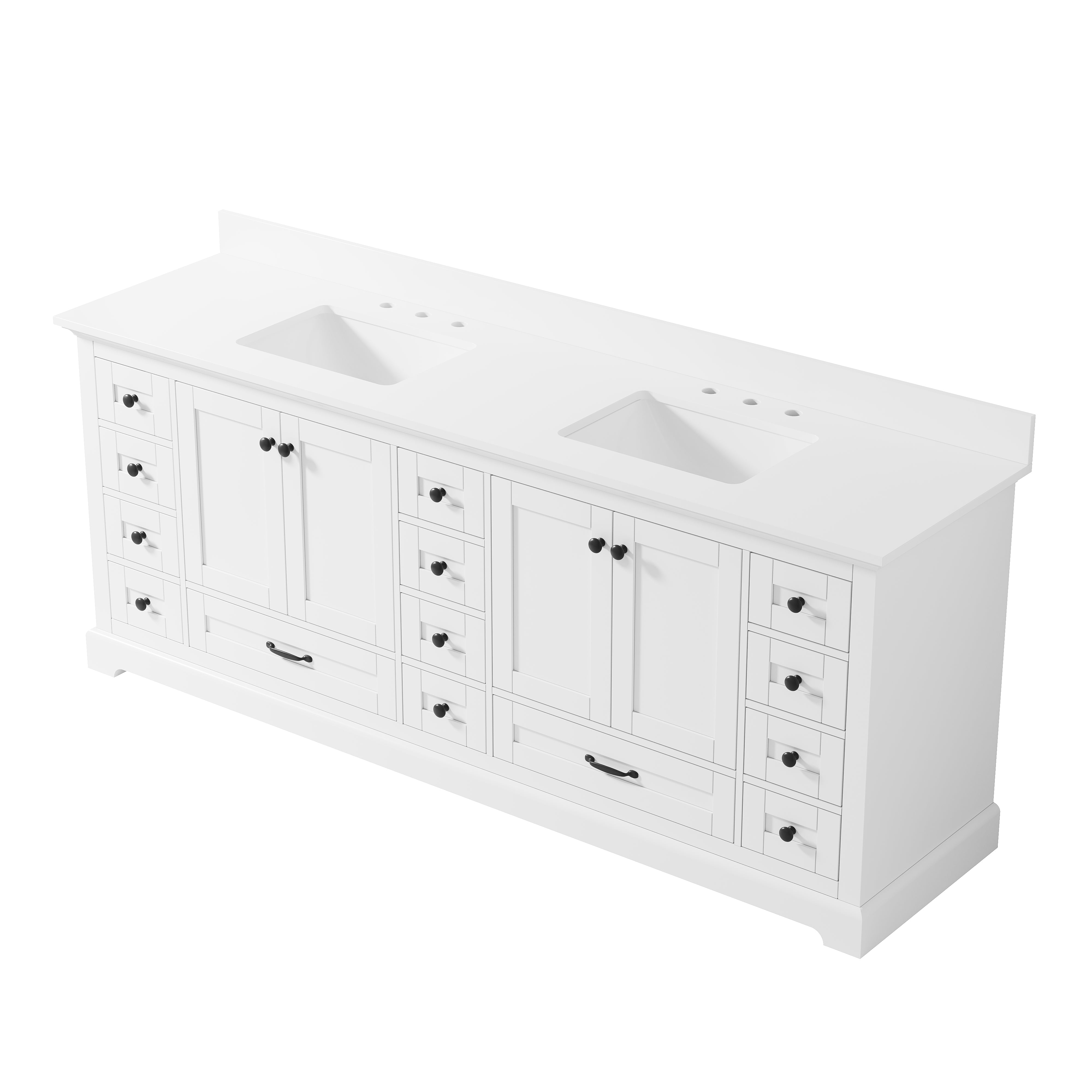 84" Double Sinks White Bathroom Vanity with Solid Wood Frame, Soft Close 14 Drawers & Pure White Cultured Marble Countertop