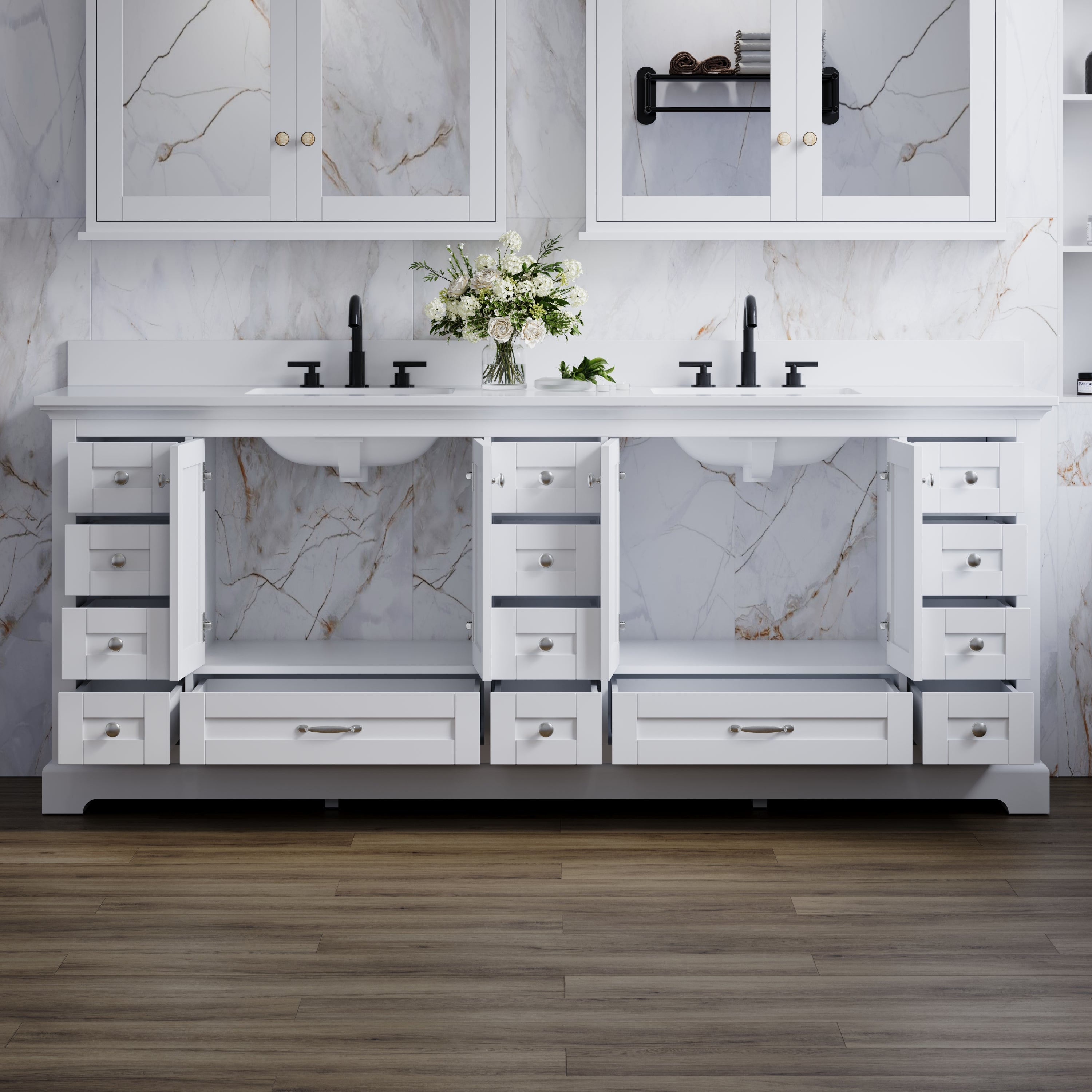 84" White Double Sink Bathroom Vanity with Solid Wood Frame, Soft Close 14 Drawers & White Cultured Marble Countertop