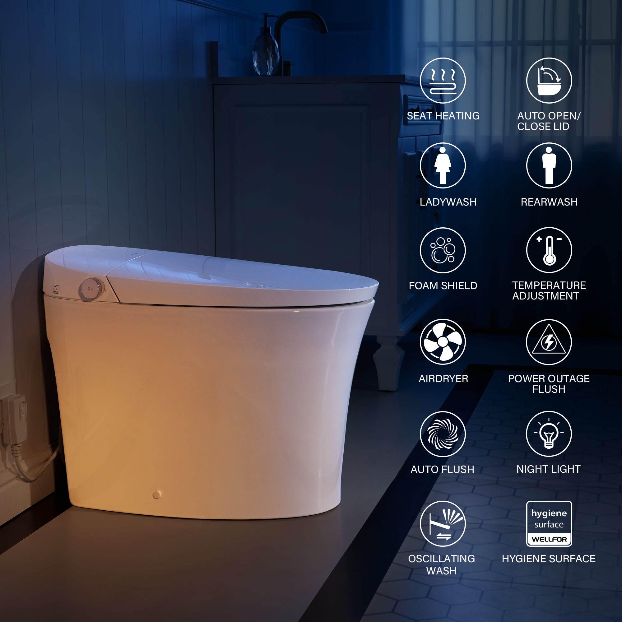 Elongated Smart Bidet Toilet in White with Built-in Tank, Foot Sensor Function, Auto Flush,12-in Rough-In 1.6 GPF