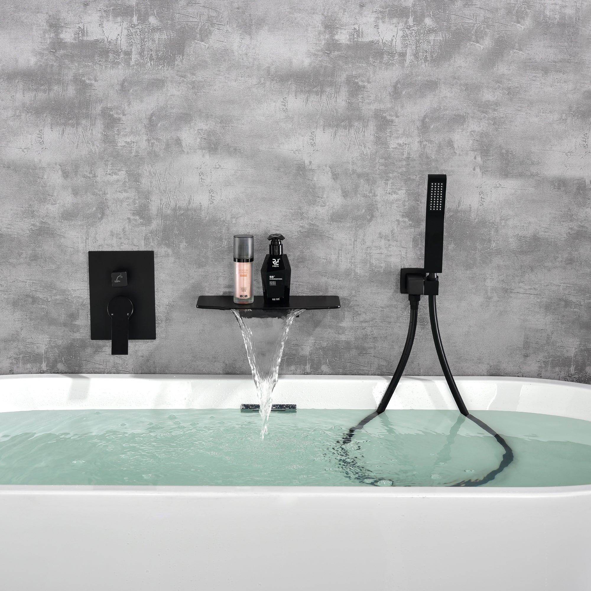 Matte Black Single Handle Tub Faucet with Hand Shower and Storage Station