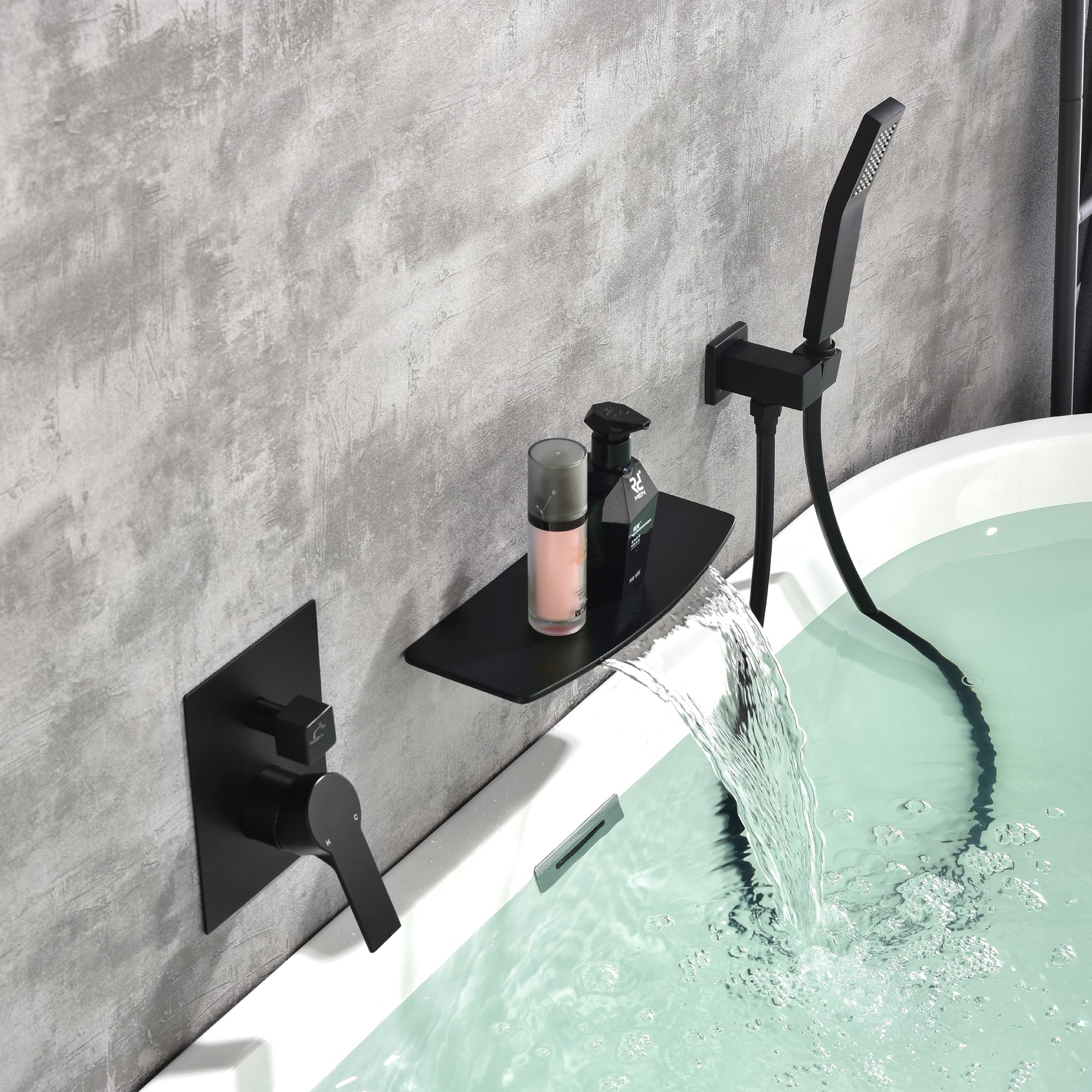 Matte Black Single Handle Tub Faucet with Hand Shower and Storage Station