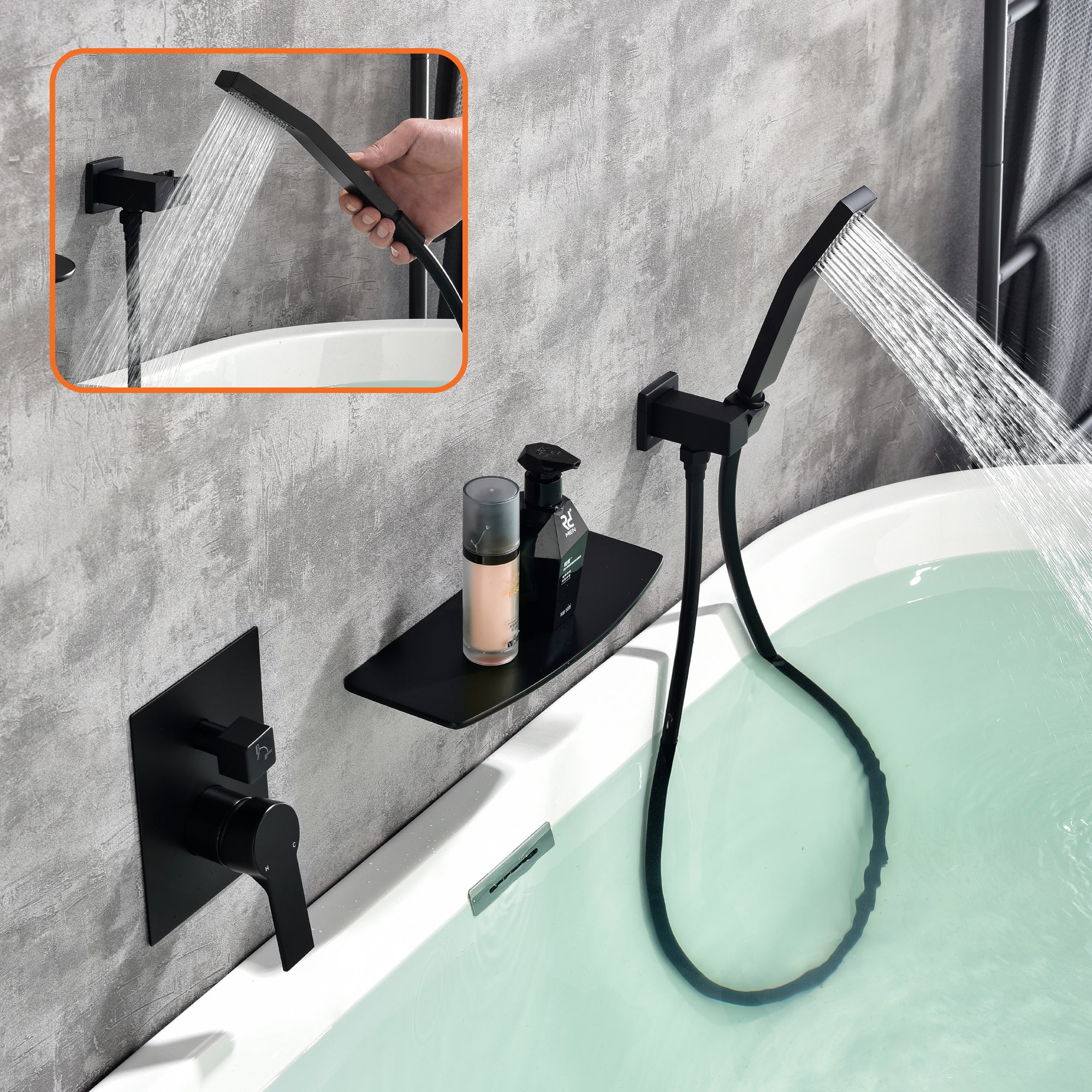 Matte Black Single Handle Tub Faucet with Hand Shower and Storage Station