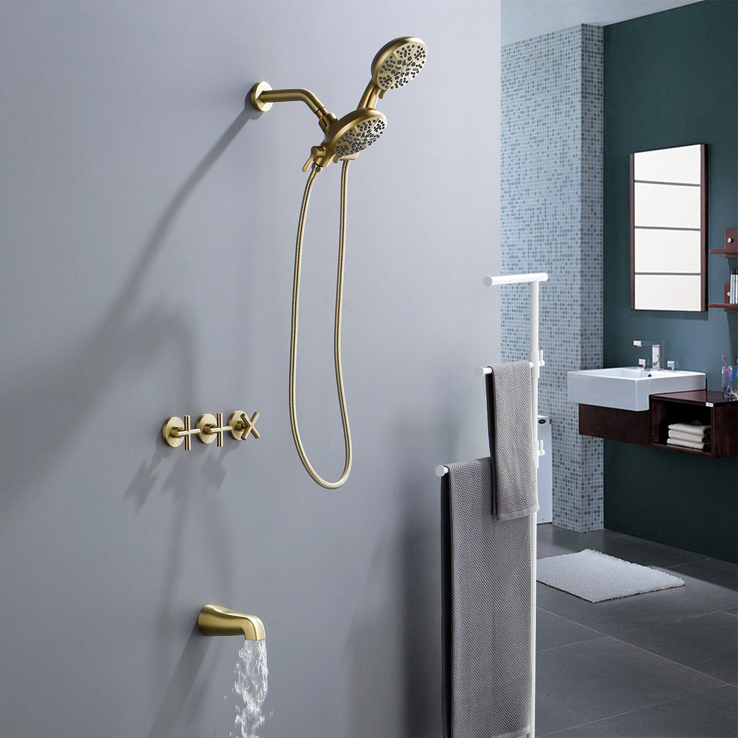 Dual Head Wall Mount Shower System with 7 Spray Functions Shower Faucet