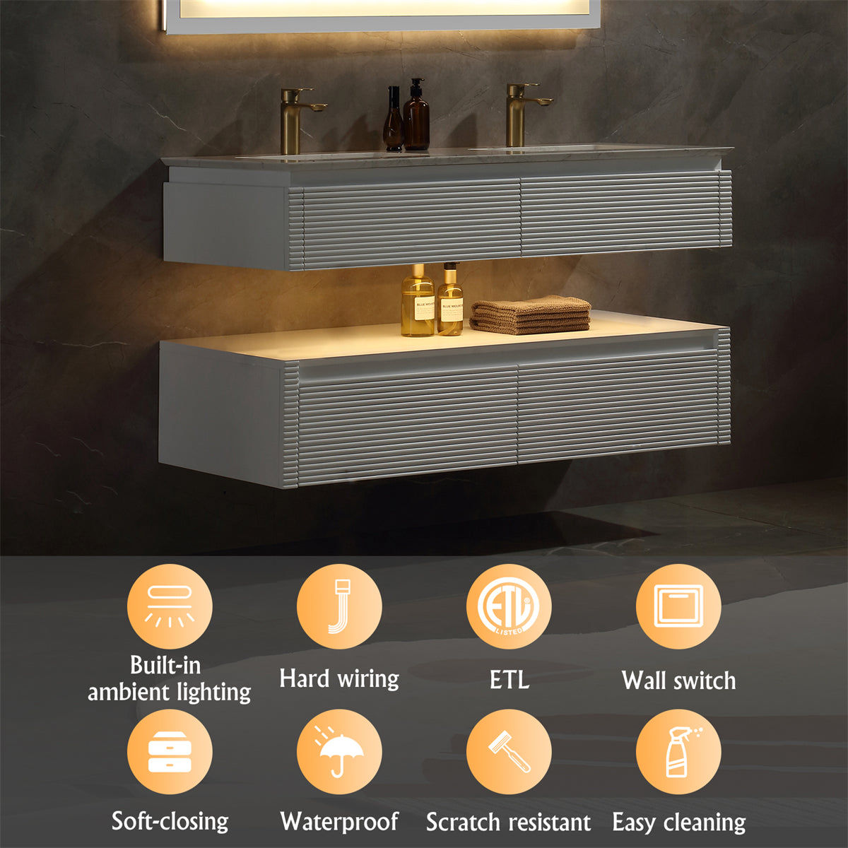 48" Floating Bathroom Vanity Set in White with Lights and White Marble Countertop with Double Basin