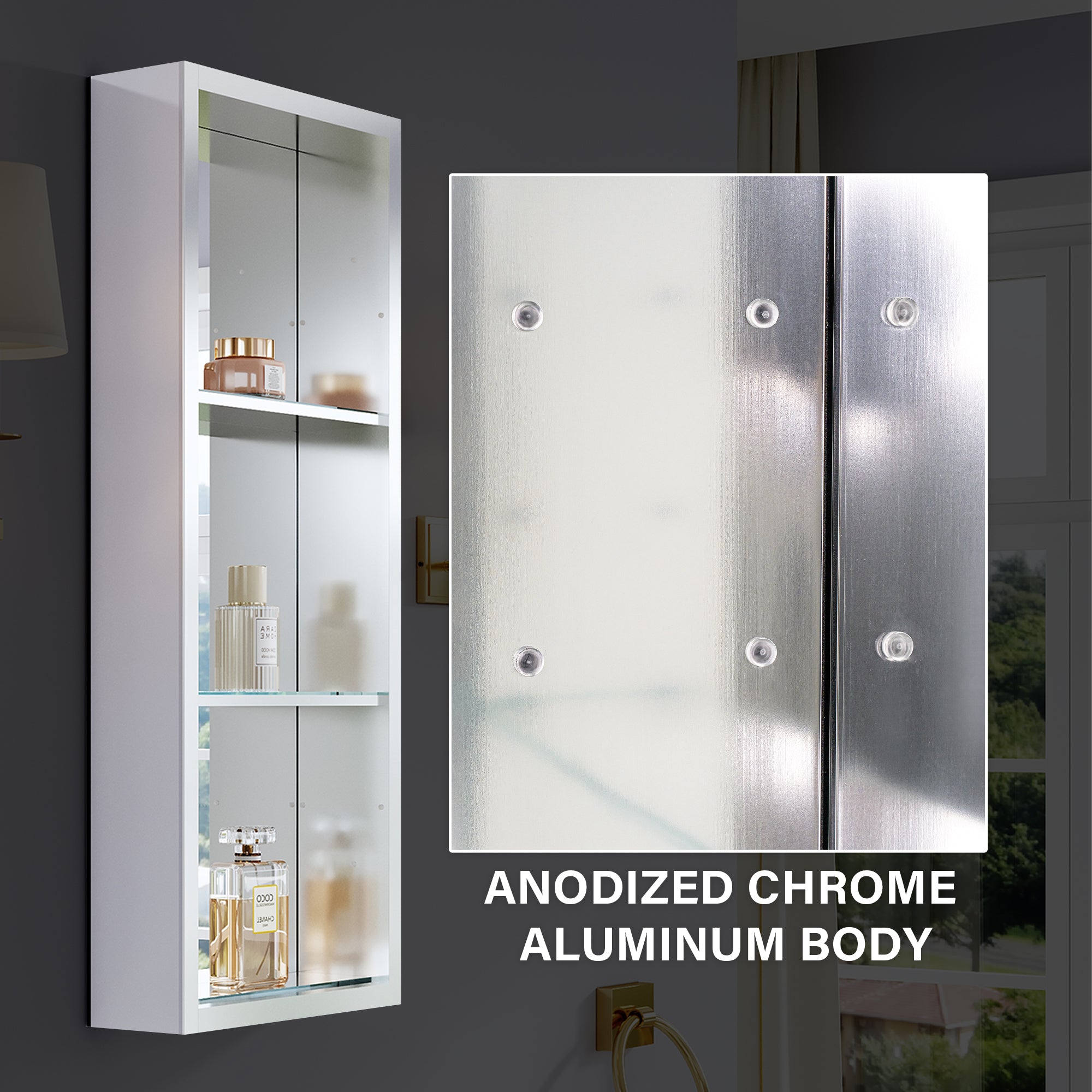 12 in.×30 in. Recessed/Surface Mount Aluminum Medicine Cabinet with Open Shelves and 3 PCS Tempered Glass