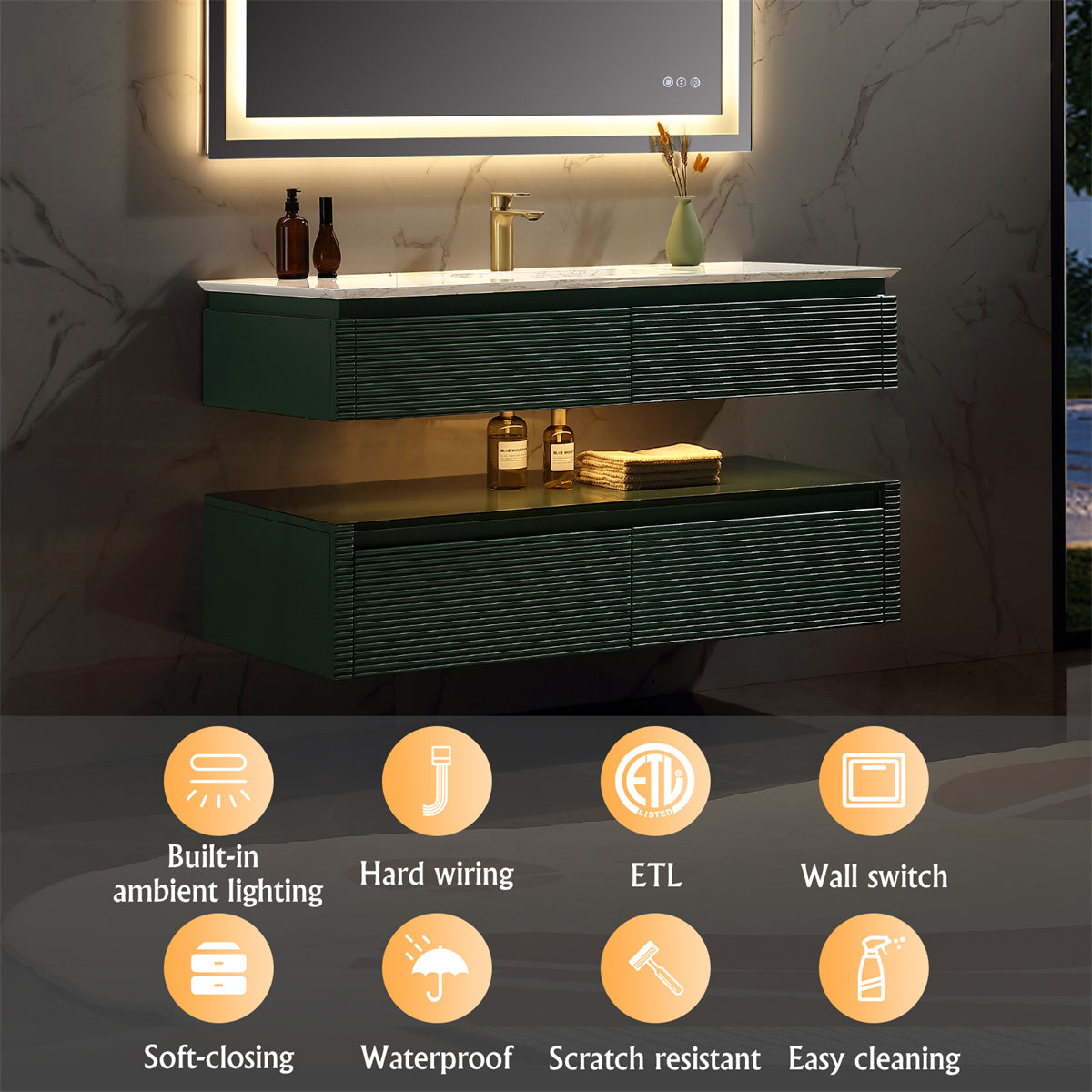 48" Floating Bathroom Vanity Set in Green with Lights and White Marble Countertop