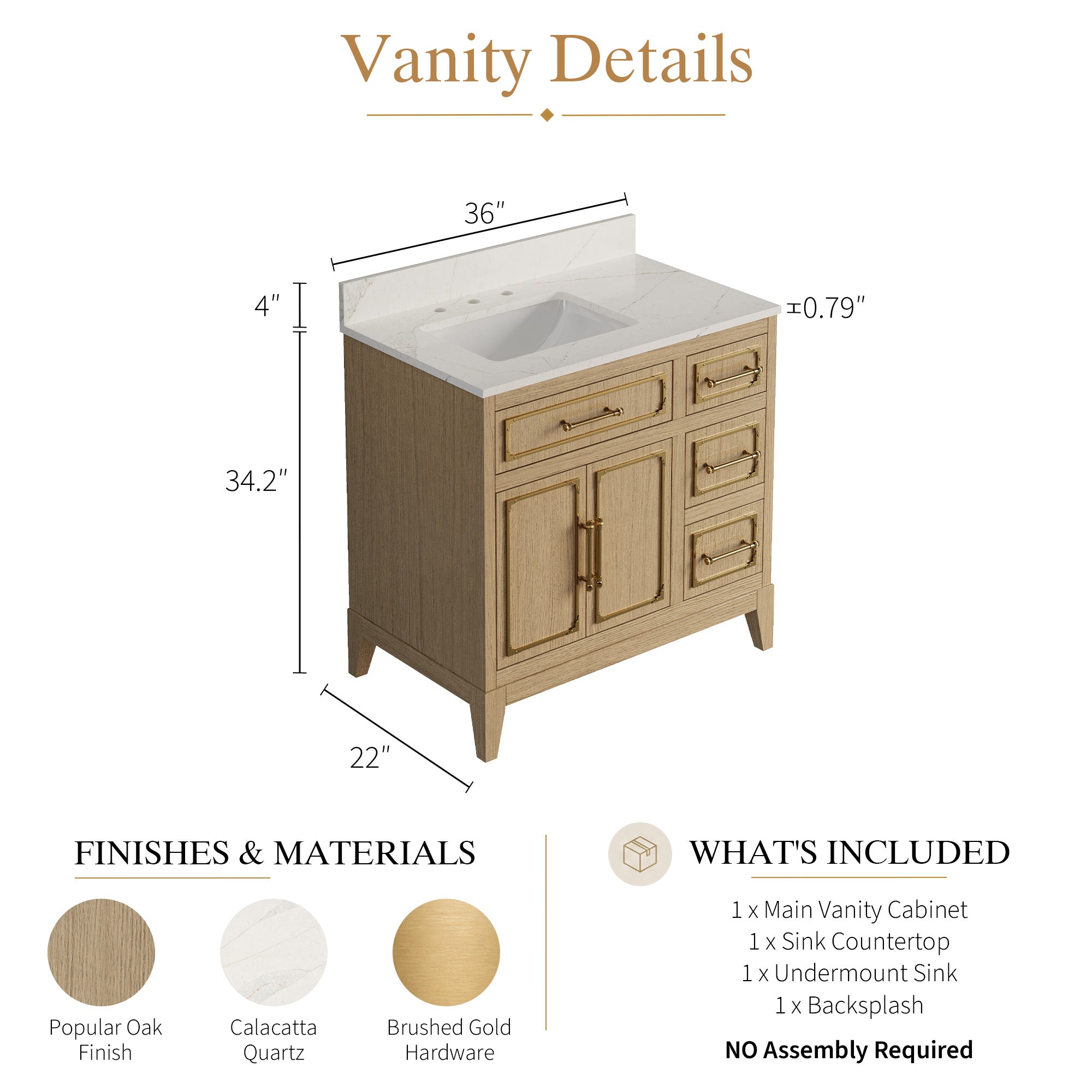 36 Inch Luxury Solid Oak Bathroom Vanity with Calacatta Quartz Countertop & Sink, 3 Soft-Close Drawers and 1 Flip Drawer