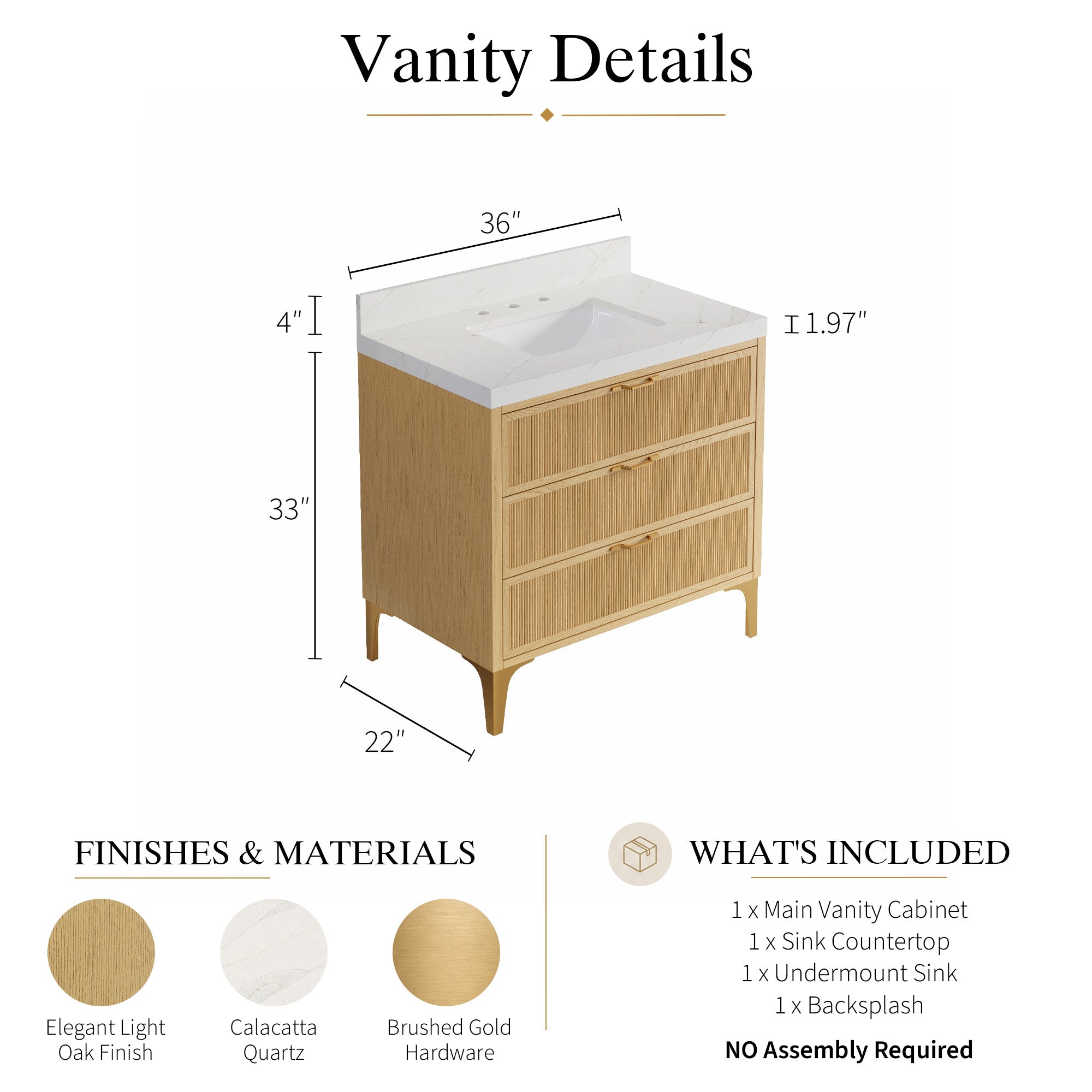 36 Inch Modern Solid Oak Bathroom Vanity with Calacatta Quartz Countertop, 3 Fluted Drawers & Brushed Gold Legs