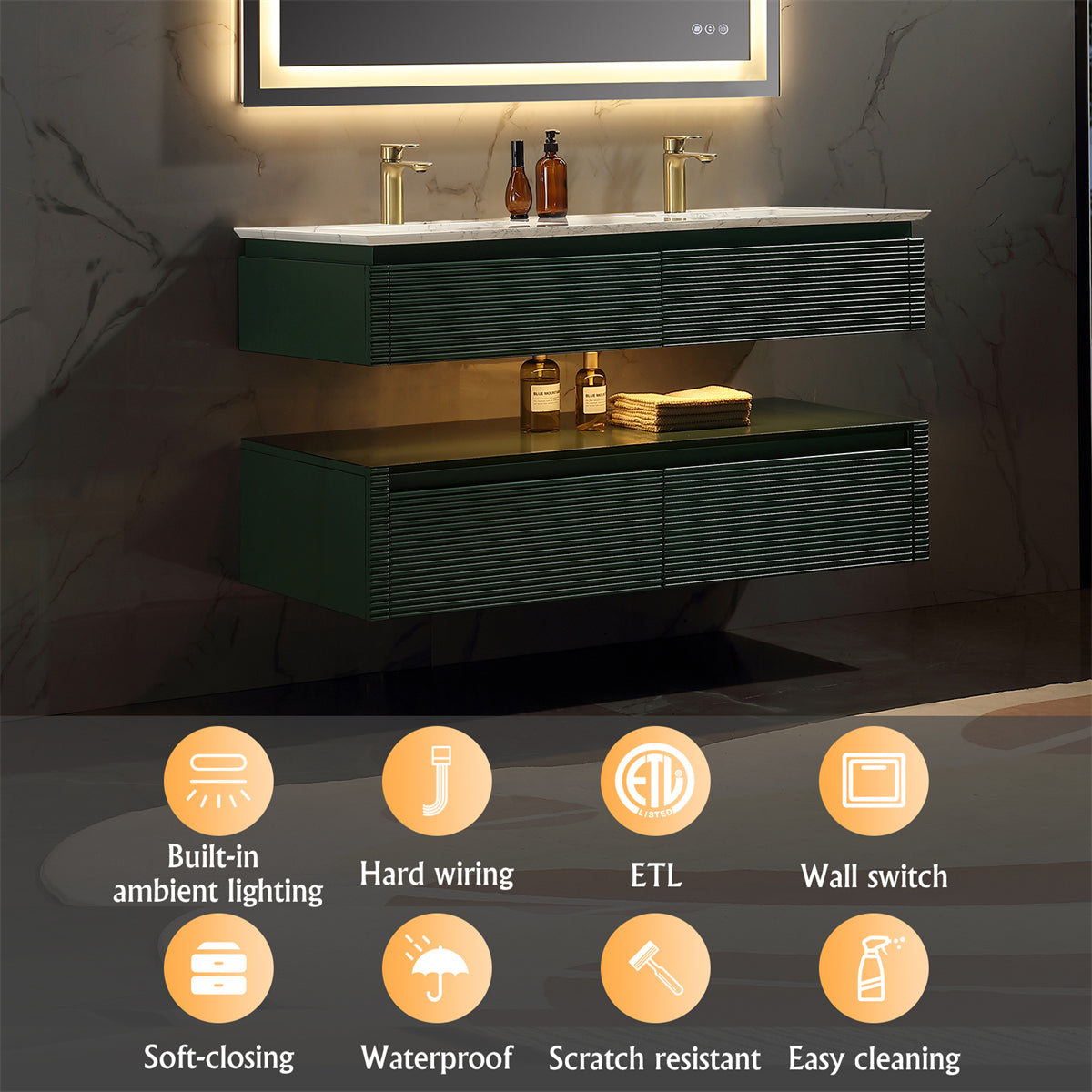 48" Floating Bathroom Vanity Set in Green with LED Light and White Engineered Marble Top with Double Basins