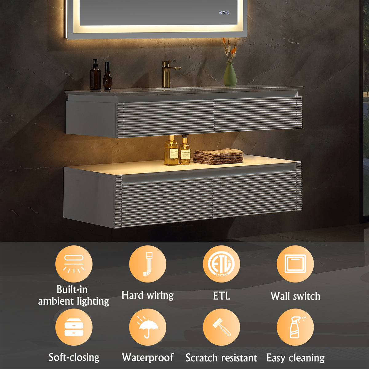 48" Floating Bathroom Vanity Set in White with LED Light and White Engineered Marble Top with Single Basins