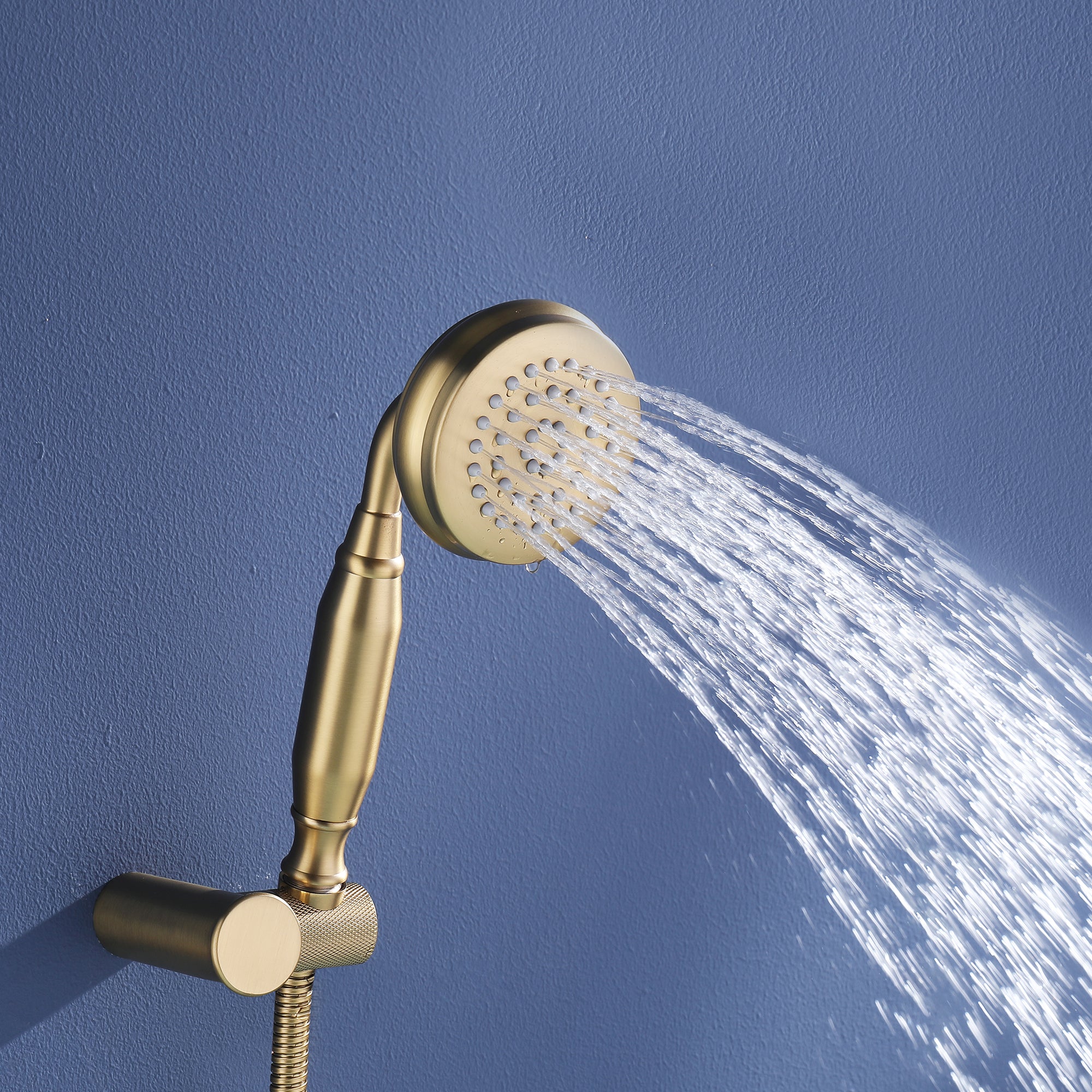 Double Hole Double Handle Brushed Gold Bathtub Faucet with Handheld Shower