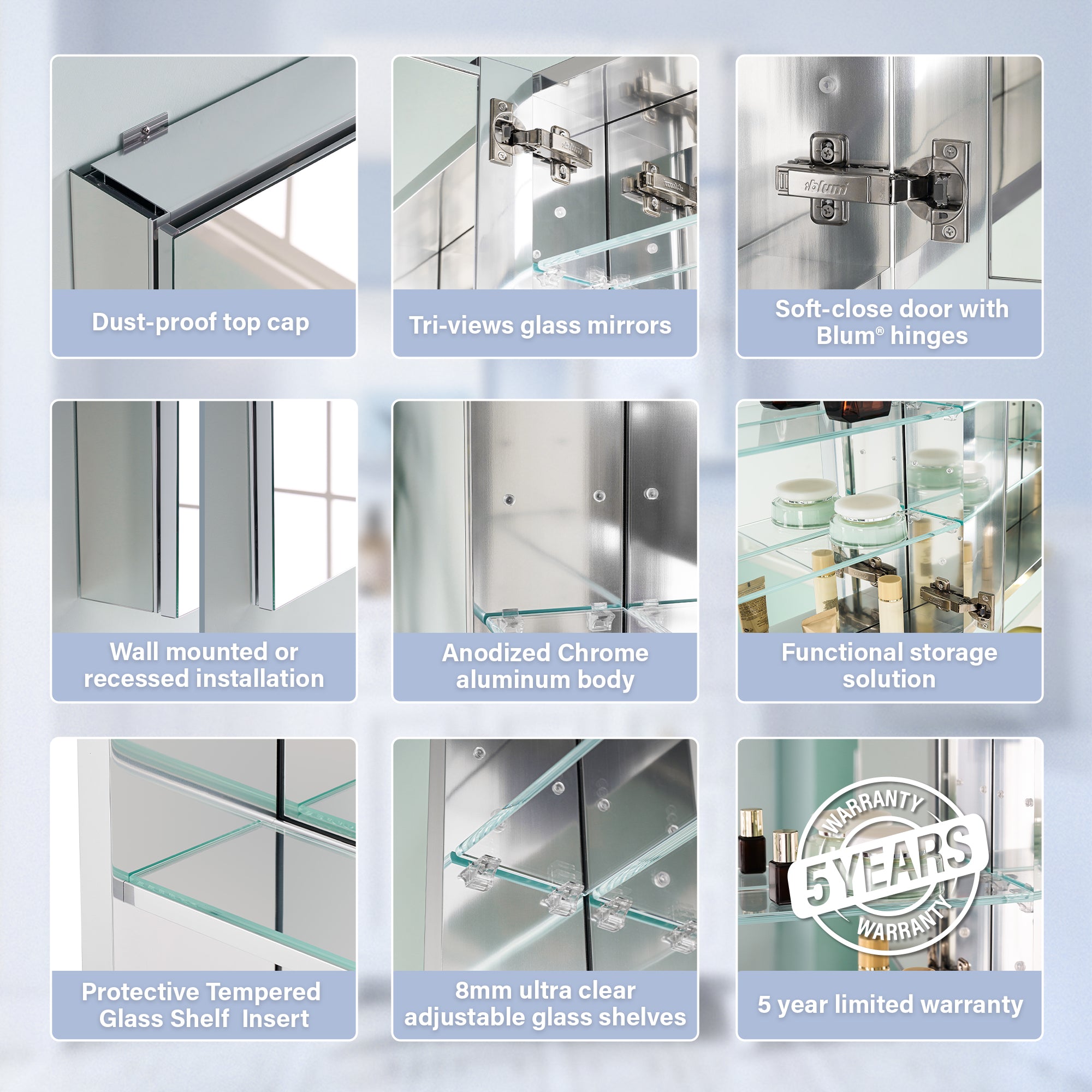 84 in. ×36 in. Aluminum Bathroom Medicine Cabinet and Open Shelf Set, Recessed or Surface Mount