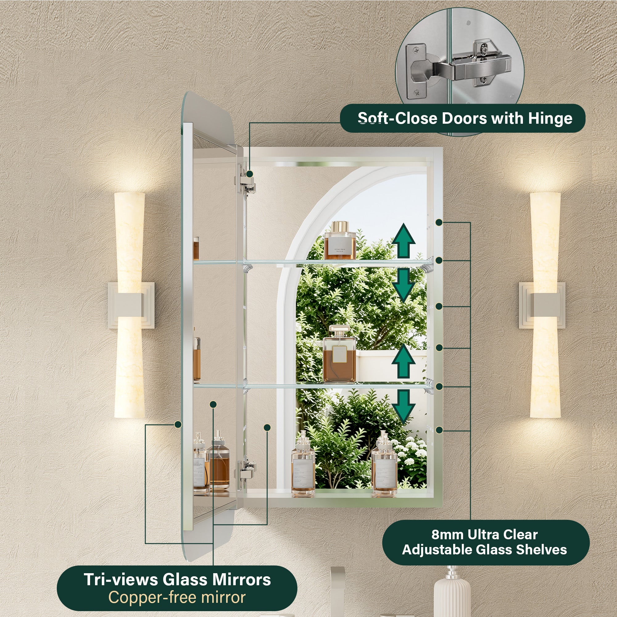 16 in. × 32 in. Aluminum Mirror Medicine Cabinet with Reversible Door Swing, Recessed or Surface Mount, Adjustable Shelves