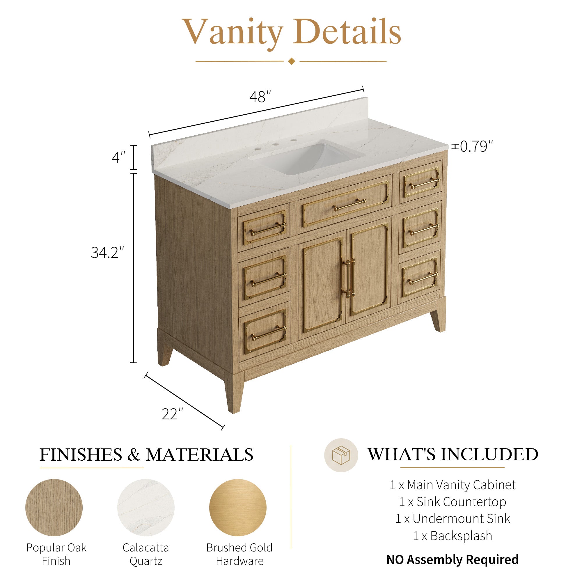 48 Inch Luxury Solid Oak Bathroom Vanity with Calacatta Quartz Countertop & Sink, 6 Soft-Close Drawers and 1 Flip Drawer