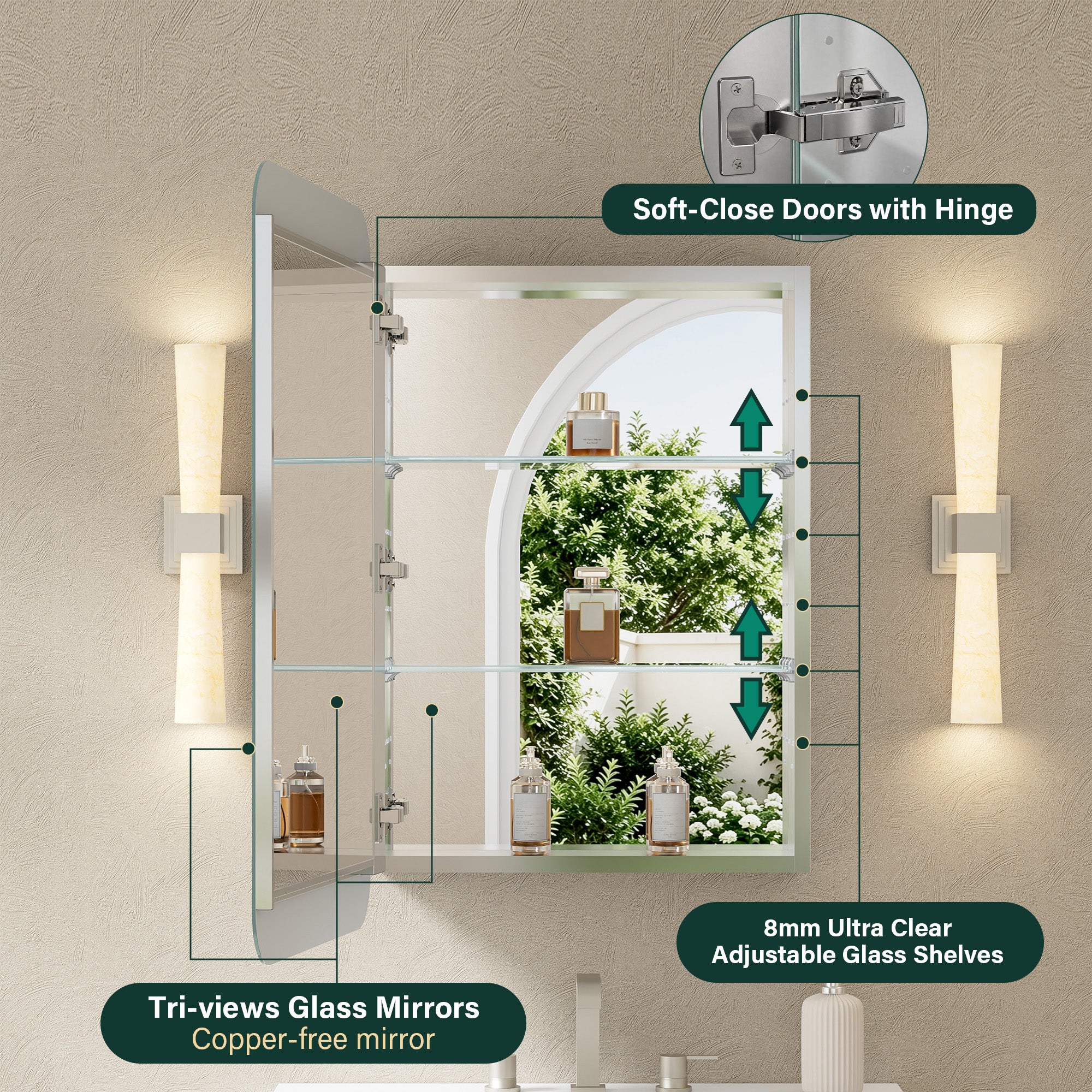 20 in. × 32 in. Aluminum Mirror Medicine Cabinet with Reversible Door Swing, Recessed or Surface Mount, Adjustable Shelves