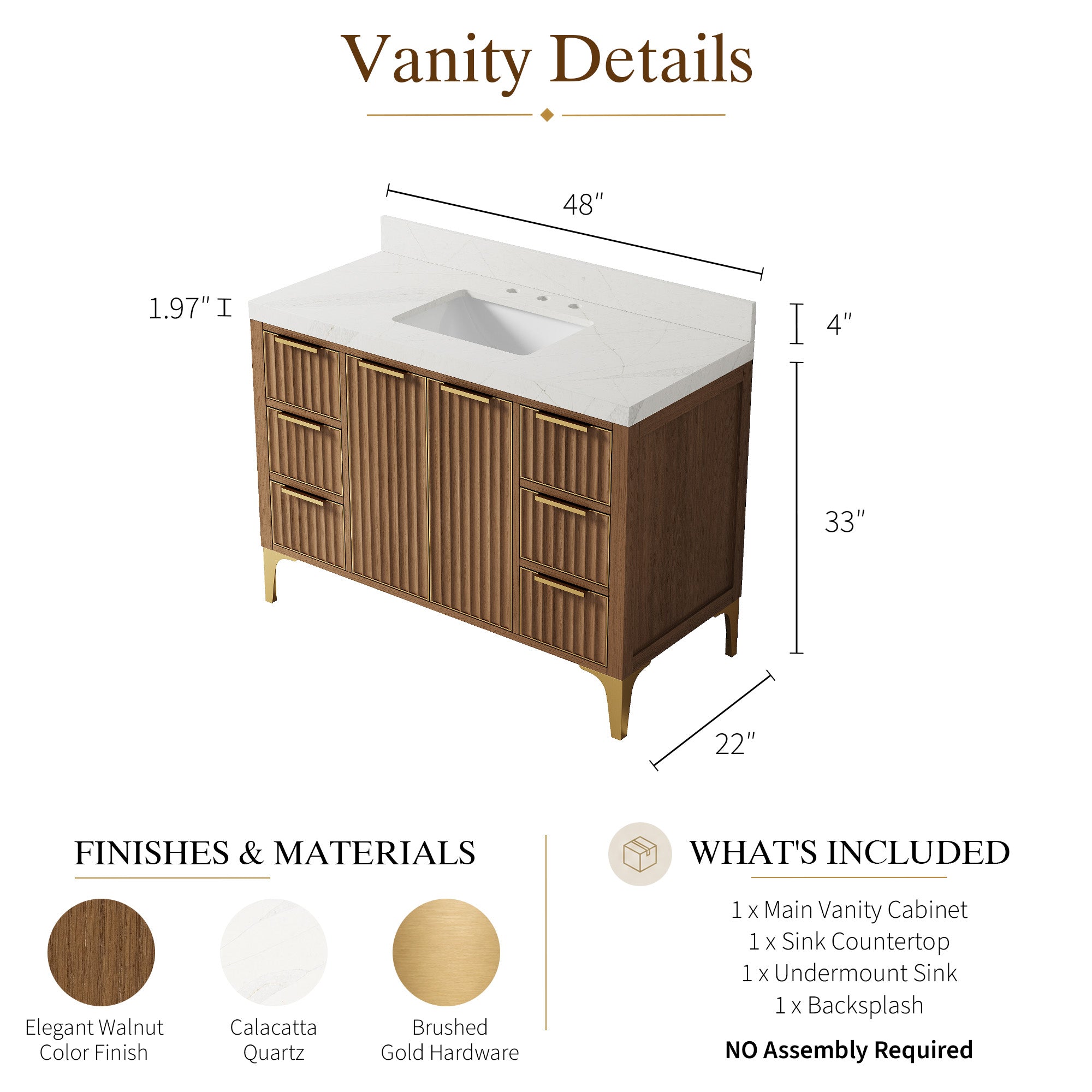 48 Inch Luxury Solid Oak Bathroom Vanity with Calacatta Quartz Countertop & 6 Dovetail Drawers and 2 Soft-close Doors