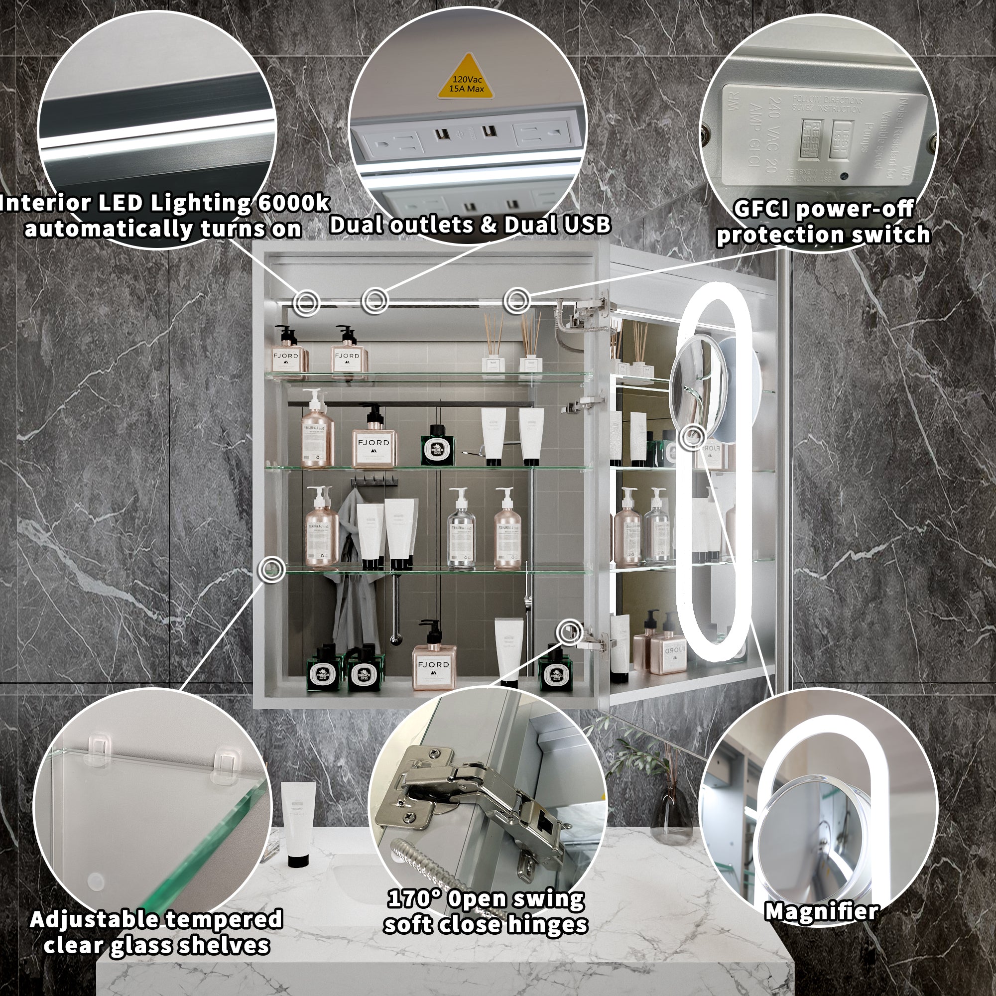 24 in. x 32 in. Recessed/Surface Mount Right LED Medicine Cabinet with 5X Magnifier Mirror, Aluminum Frame