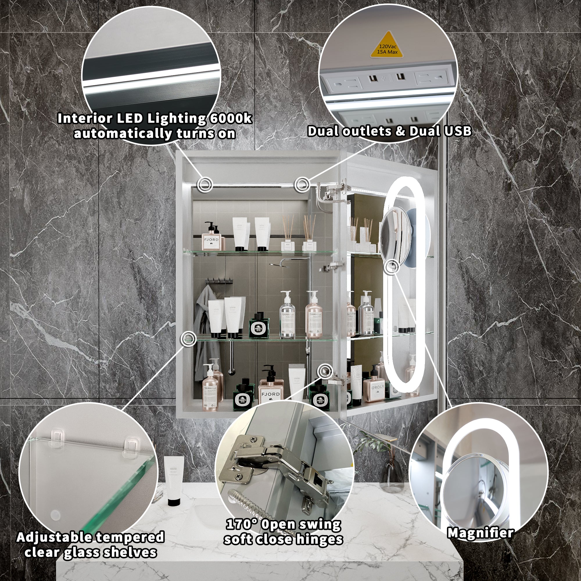 20 in. x 32 in. Recessed/Surface Mount Right LED Medicine Cabinet with 5X Magnifier Mirror, Aluminum Frame