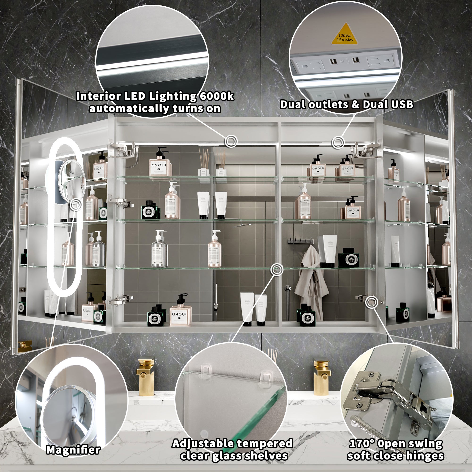 40 in. x 32 in. Recessed/Surface Mount LED Medicine Cabinet with 5X Magnifier Mirror, Aluminum Frame