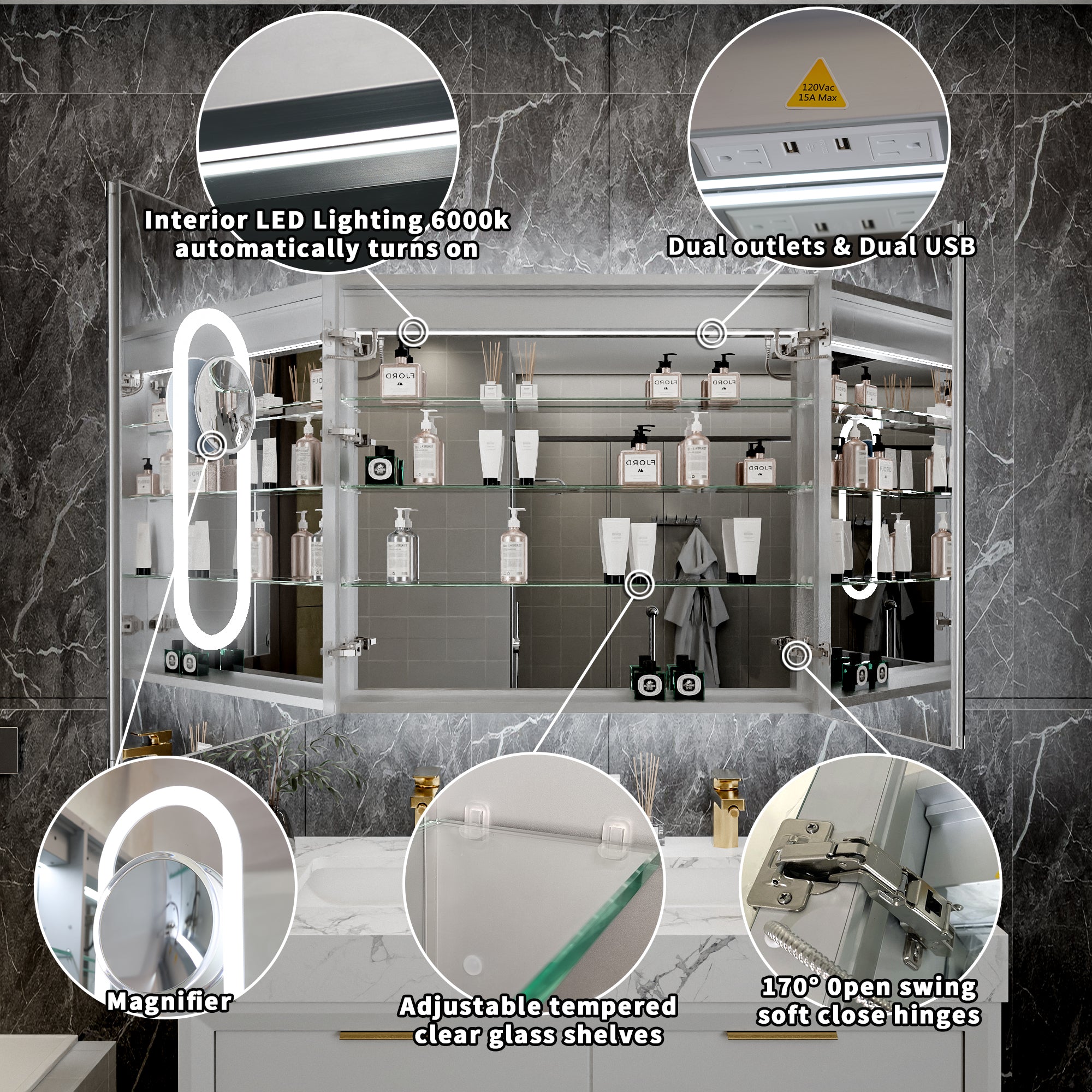 36 in. x 32 in. Recessed/Surface Mount LED Medicine Cabinet with 5X Magnifier Mirror, Aluminum Frame