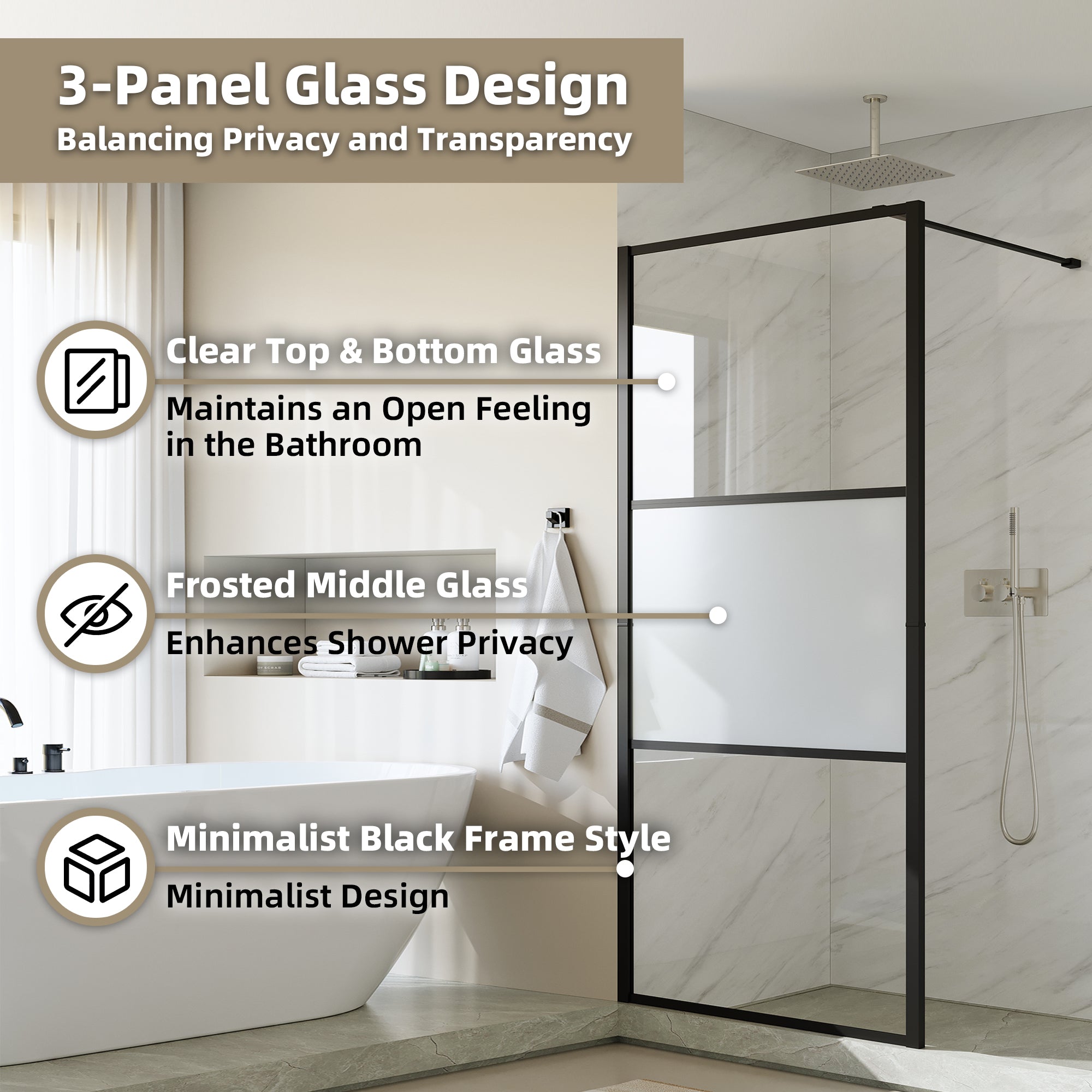 33 5/8-34” x 72” Frosted Tempered Glass Shower Door Panel, Fixed Walk-In Shower Screen with Matte Black Frame