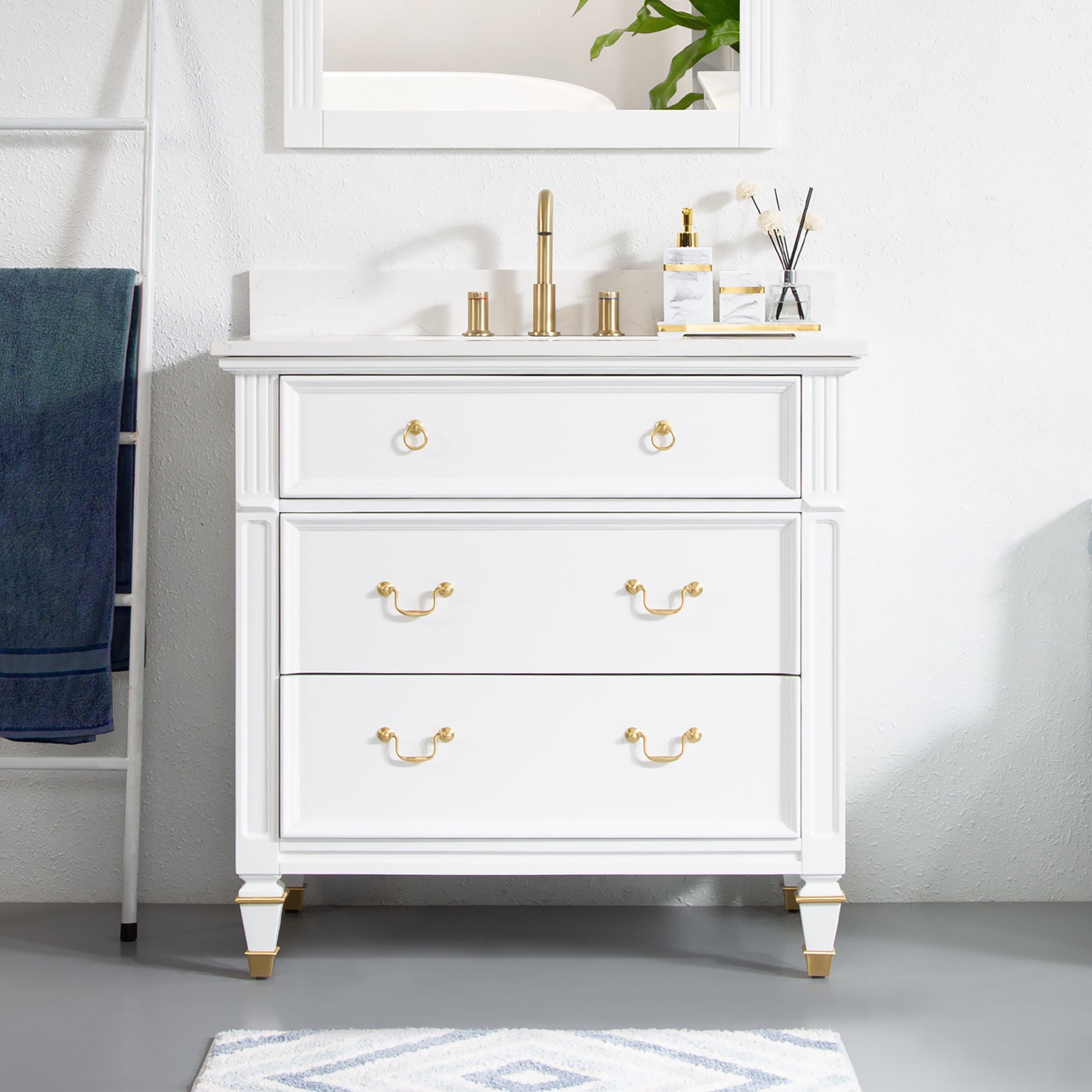 36" White Bathroom Vanity – Solid Wood Frame with Carrara Quartz Top
