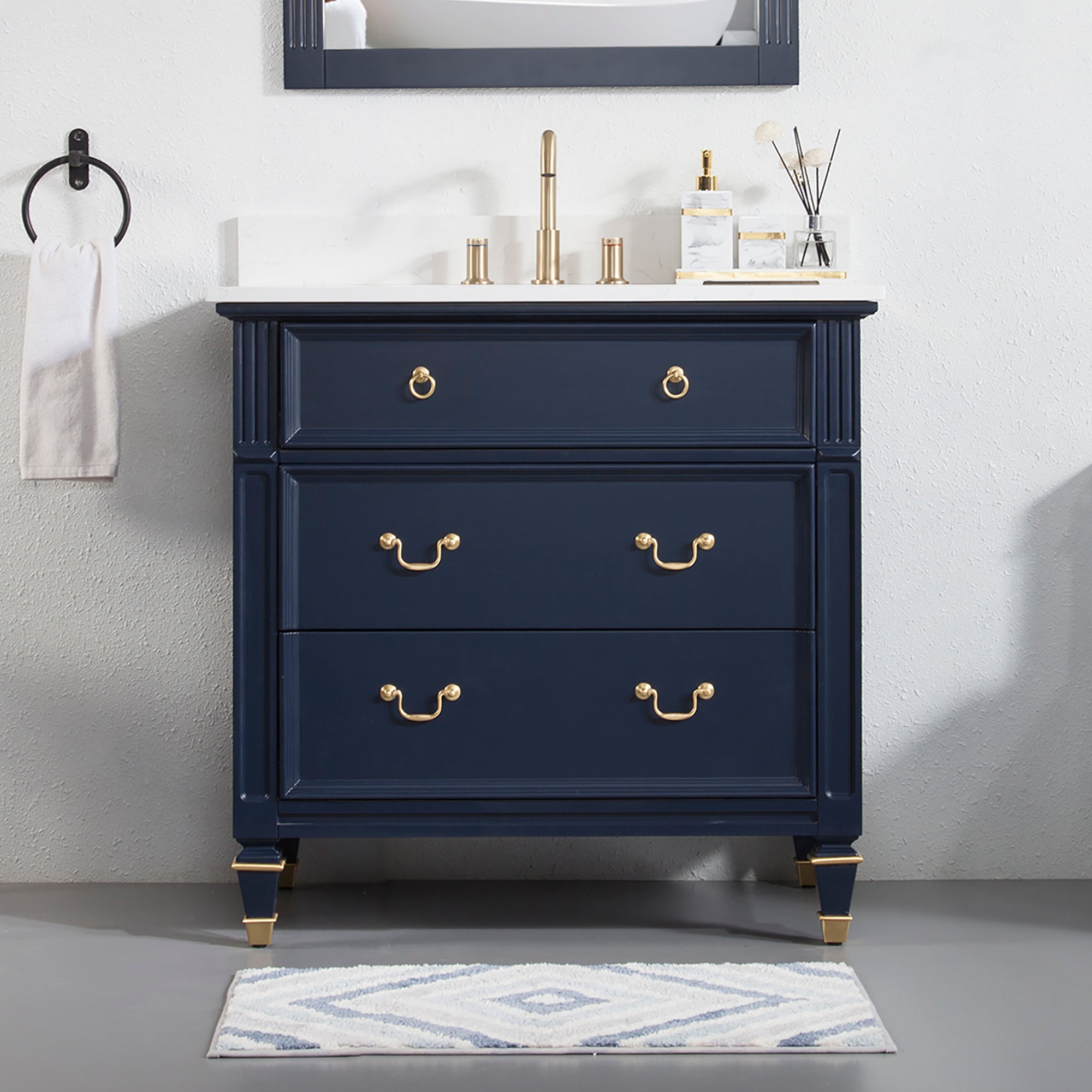 36" Navy Blue Bathroom Vanity – Solid Wood Frame with Carrara Quartz Top