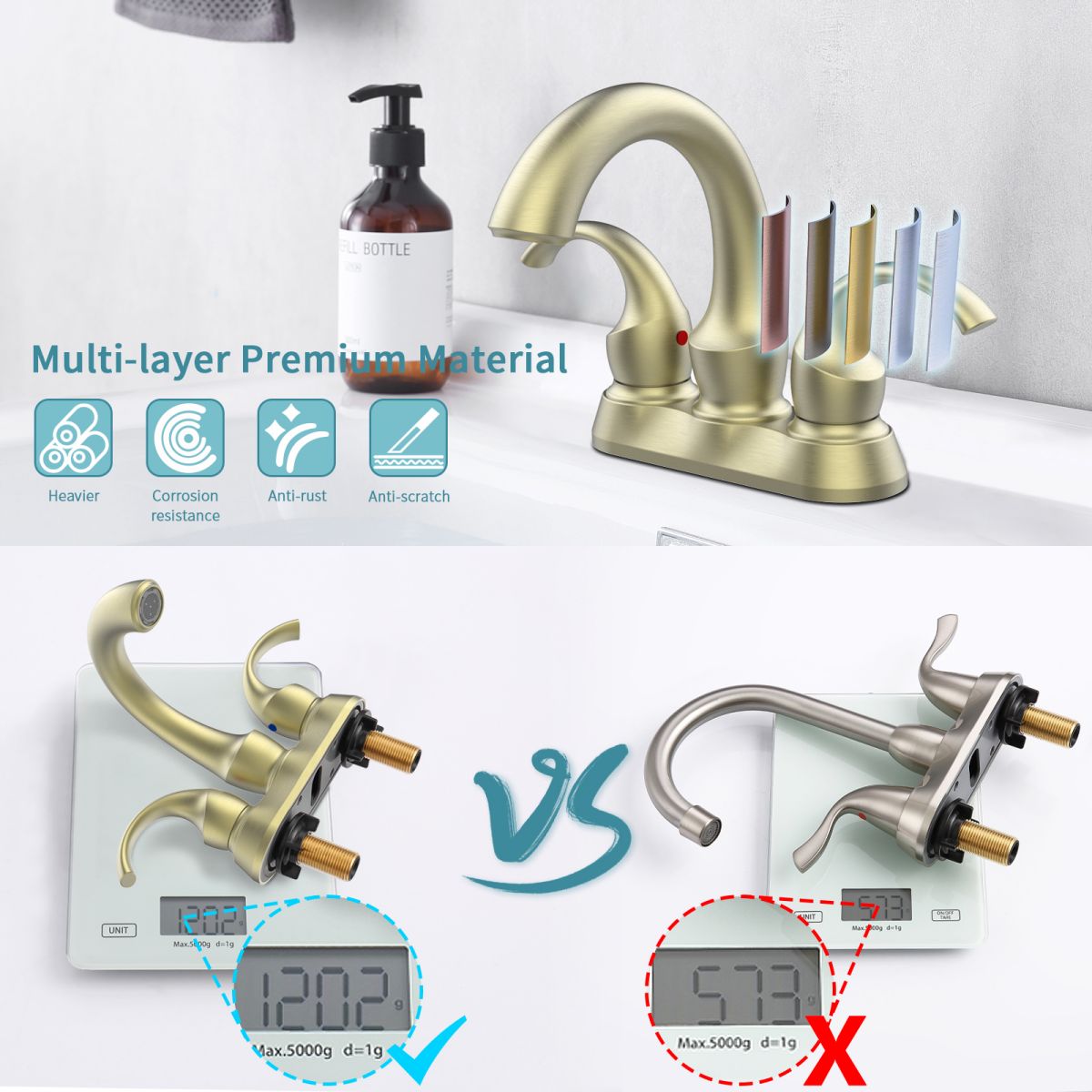Bathroom Faucet 2 Handle Brushed Gold Swan Style 4 Inch Centerset with Drain