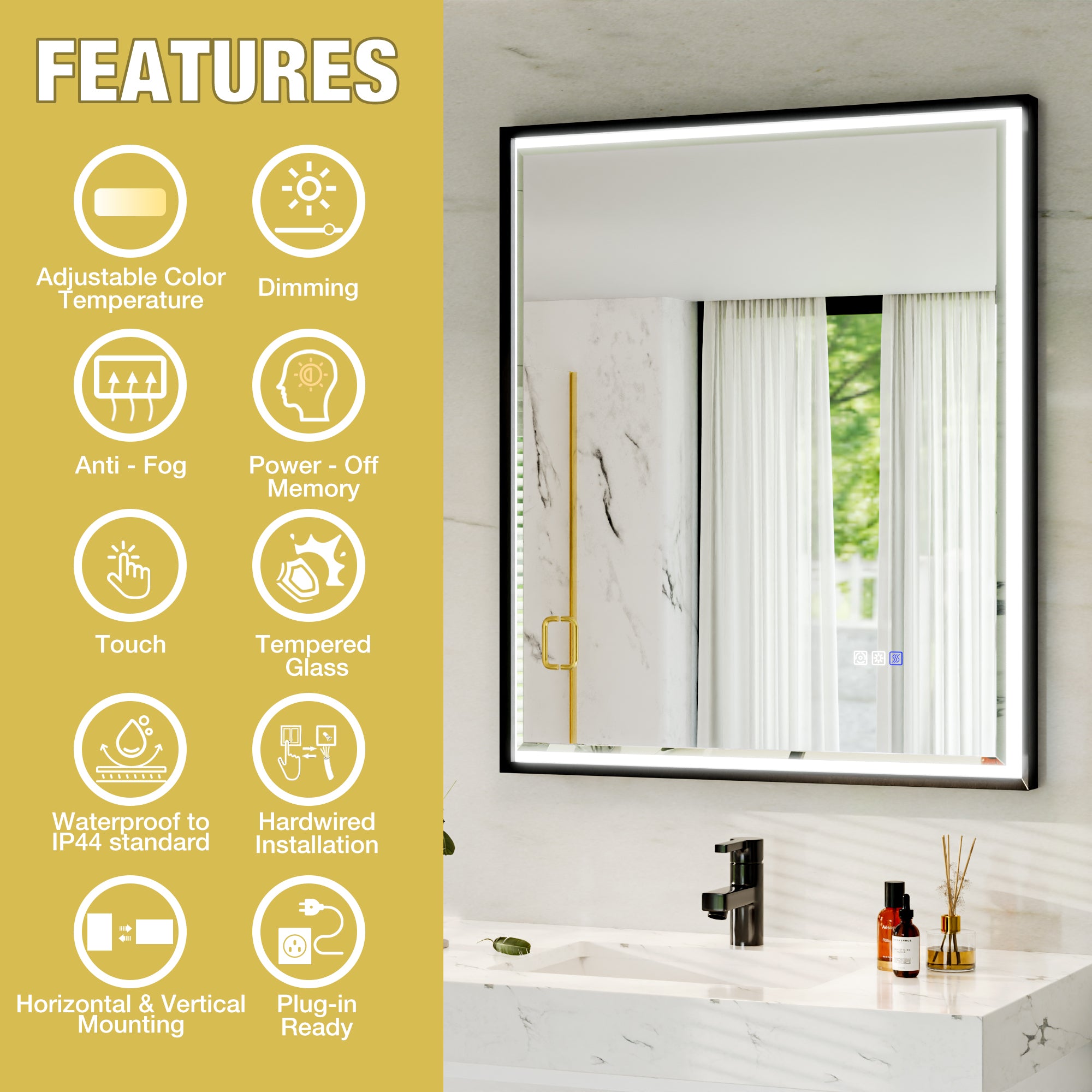 30 in. W x 36 in. Aluminum Framed LED Bathroom Mirror - Anti-Fog, Dimmable, Smart Memory, Matte Black